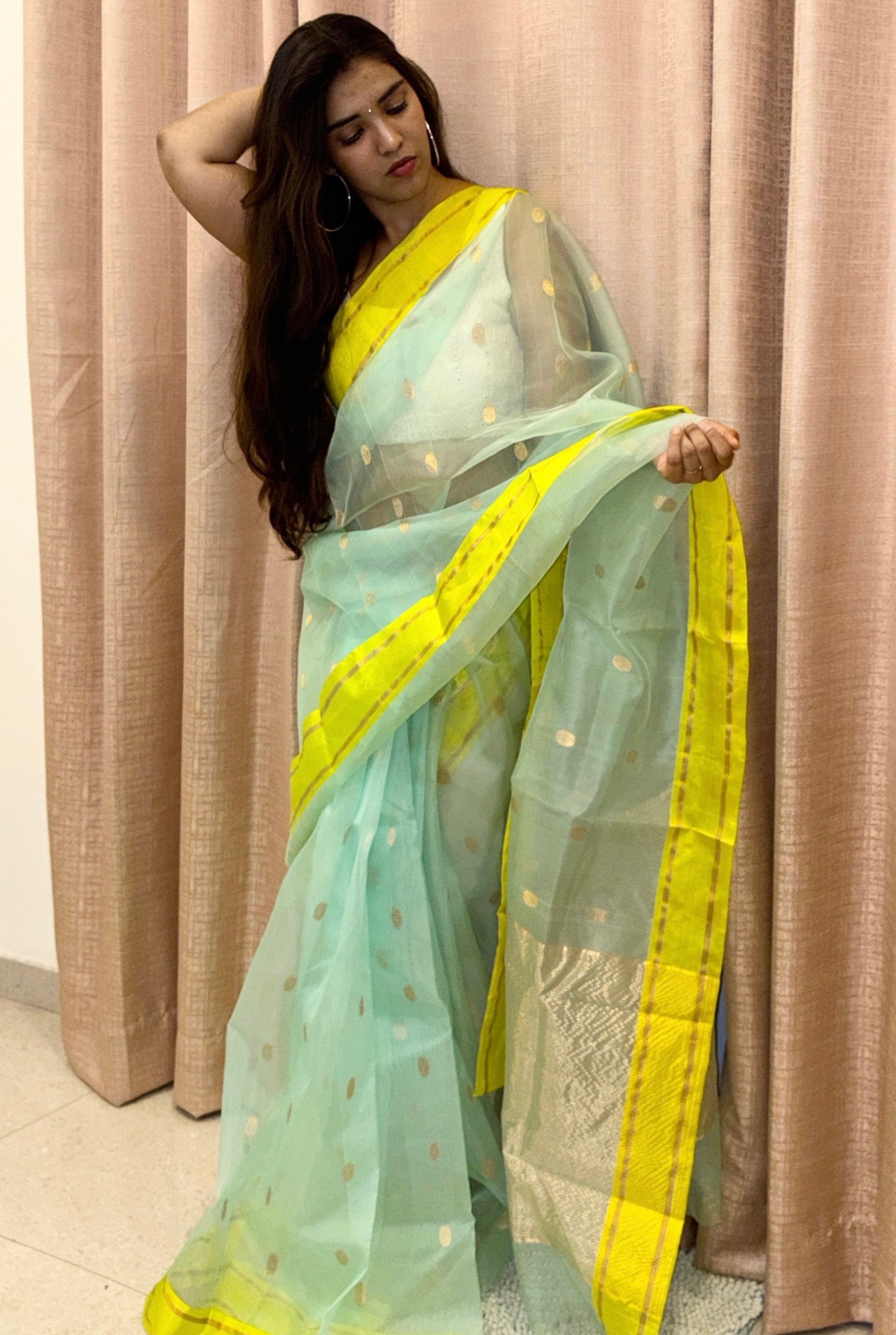 Premium Seafoam Green and Yellow Katan Silk Organza Chanderi Saree with Pattu Silk Borders and Rich Zari Pallu