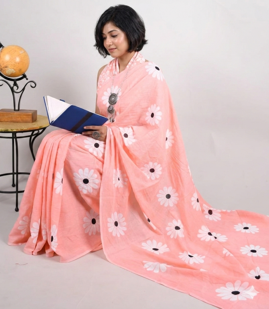Natural Dyed handblocked printed Mul Cotton Saree | Soft peach & white | SUTA-SAGA