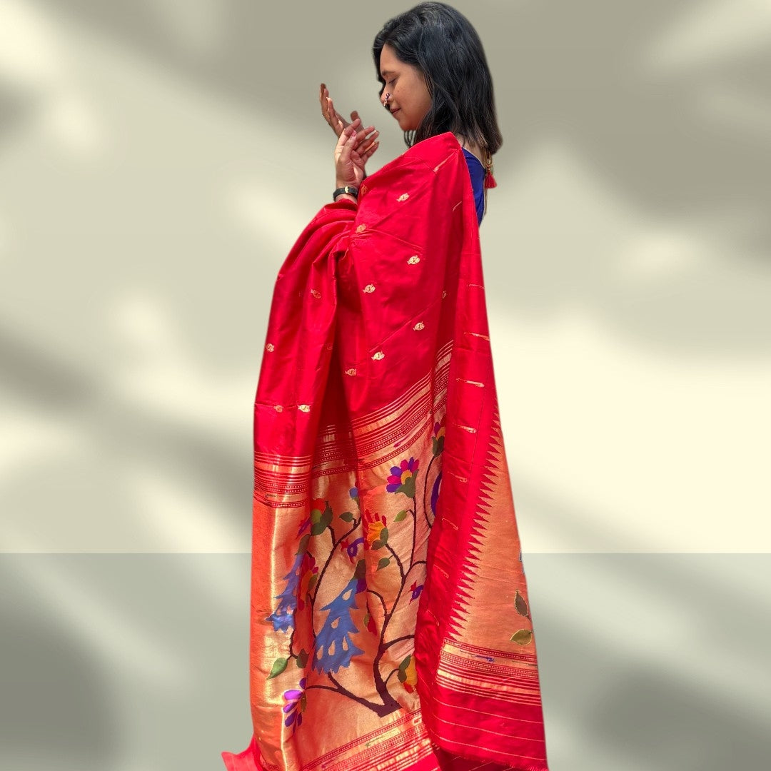 Royal Red Single Muniya Silk handloom Paithani | Festive look