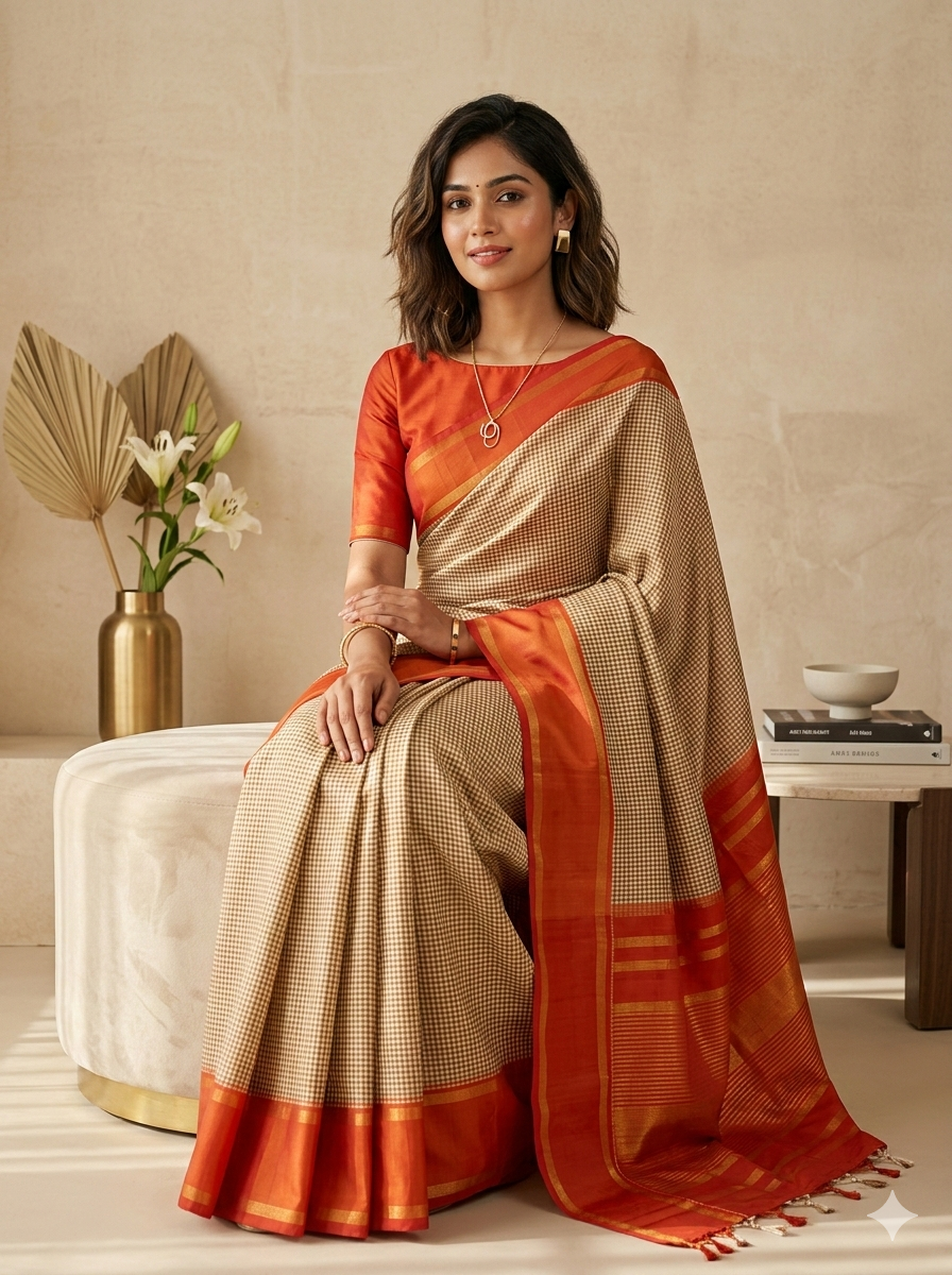 Authentic Handloom Kanchipuram Silk Saree - Cream Micro Checks with Orange Border | SUTA-SAGA