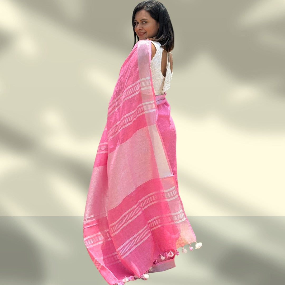 Organic Pink Pure Linen Saree with Silver Border | Natural Office Wear