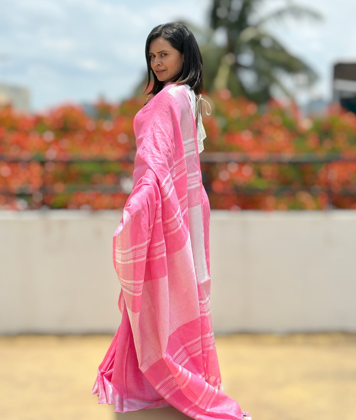 Organic Pink Pure Linen Saree with Silver Border | Natural Office Wear