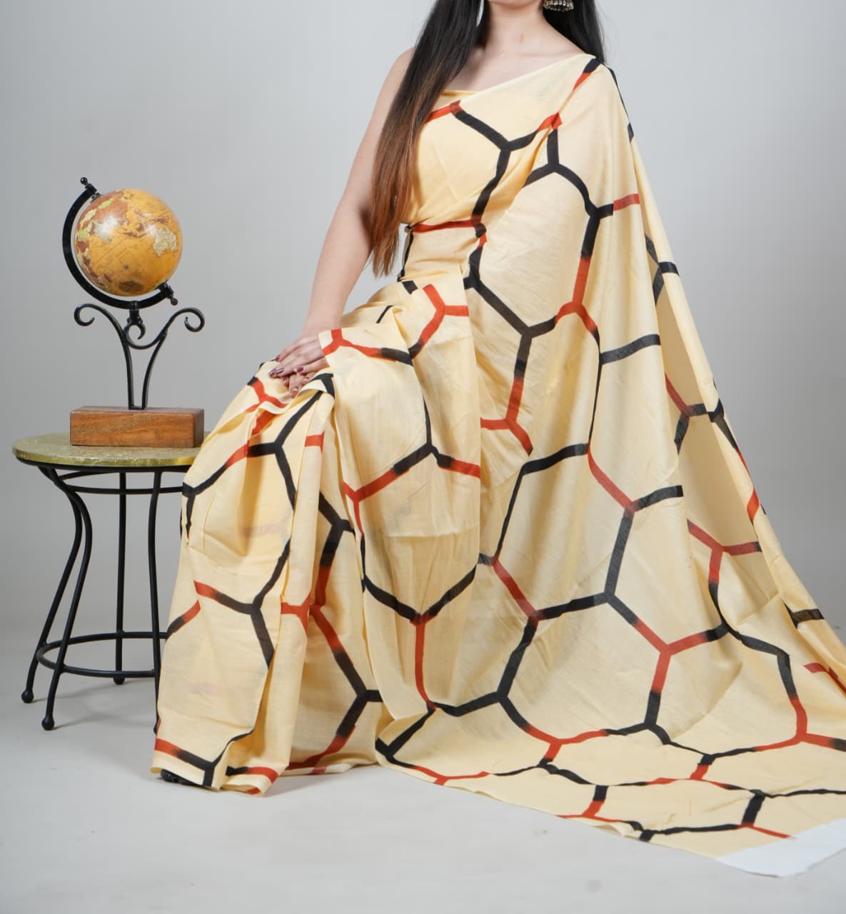 Natural Dyed hand blocked printed Mul Cotton Saree | Soft Beige | SUTA-SAGA