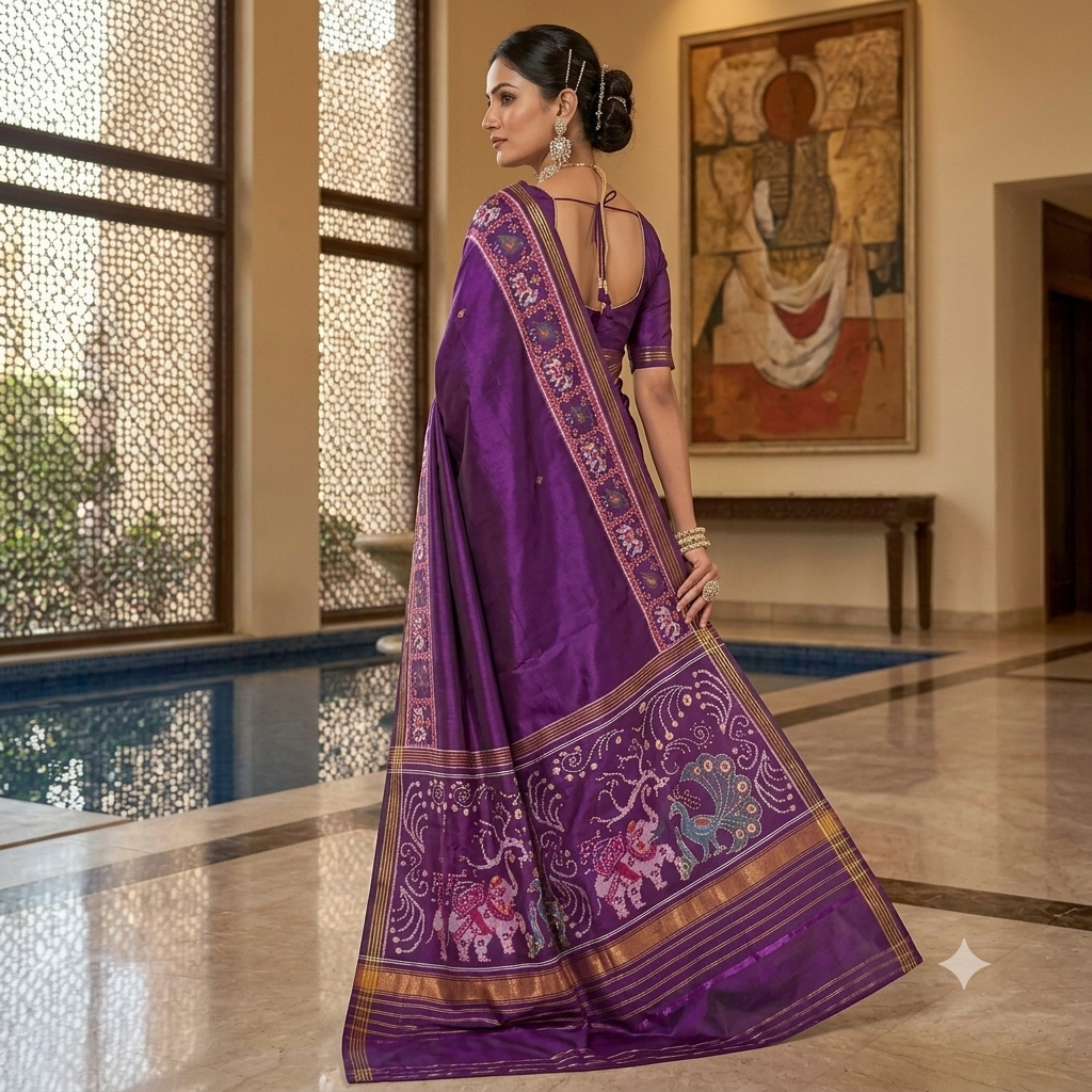Deep Purple Single Ikat Pure Silk Saree with Multicolor Animal Motifs and Rich Zari Border β Perfect for Weddings & Festive Wear