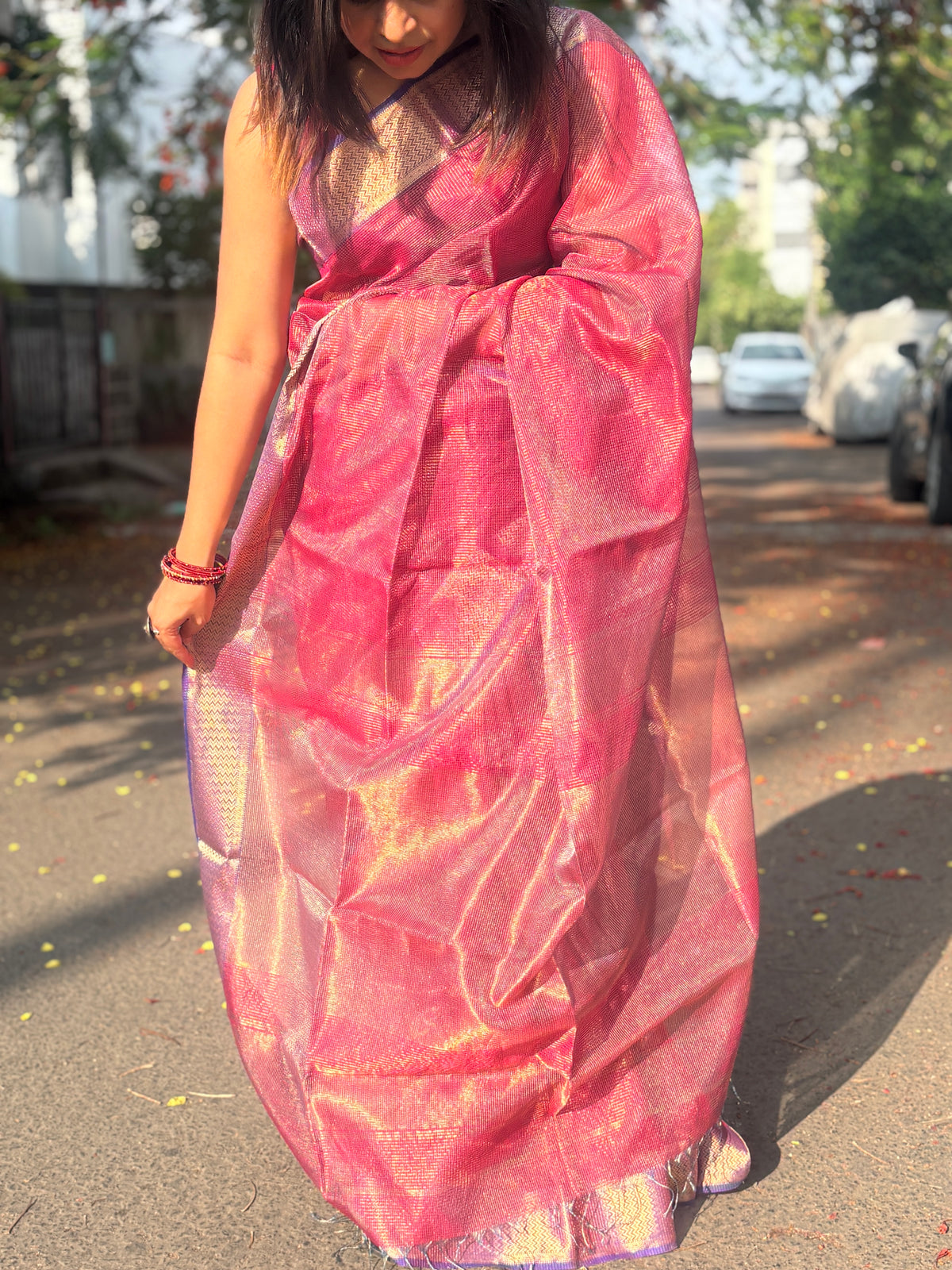Authentic Deep Rose Pink Handloom Maheshwari Silk Cotton Tissue Saree with Silver Zari Checks | SUTA-SAGA