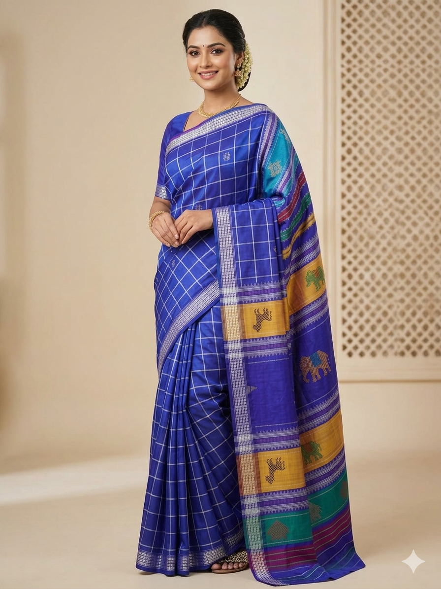 Authentic Pure Silk Berhampuri Patta Saree | Sambalpuri Ikat Double Pallu - Royal Blue