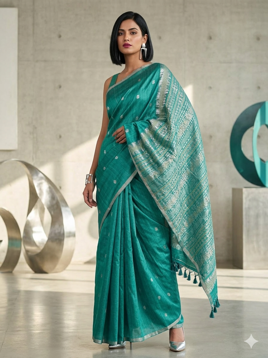 Elegant Emerald Green Matka Silk Saree with Intricate Antique Gold & Silver Jamdani Weave – Handloom Ethnic Wear | SUTA-SAGA