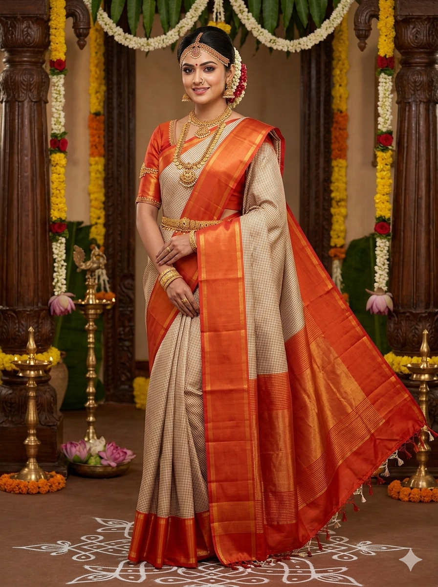 Authentic Handloom Kanchipuram Silk Saree - Cream Micro Checks with Orange Border | SUTA-SAGA