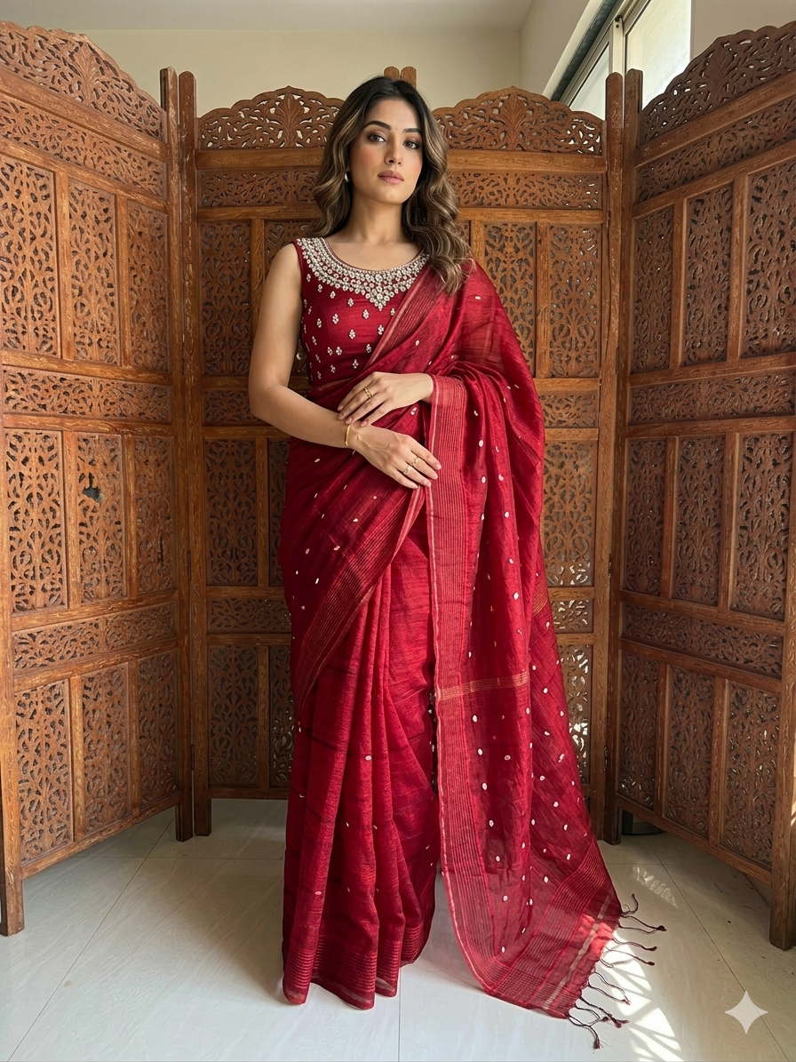 Handwoven Deep Red Matka silk Saree with Unique Pocket Shell Work | SUTA-SAGA