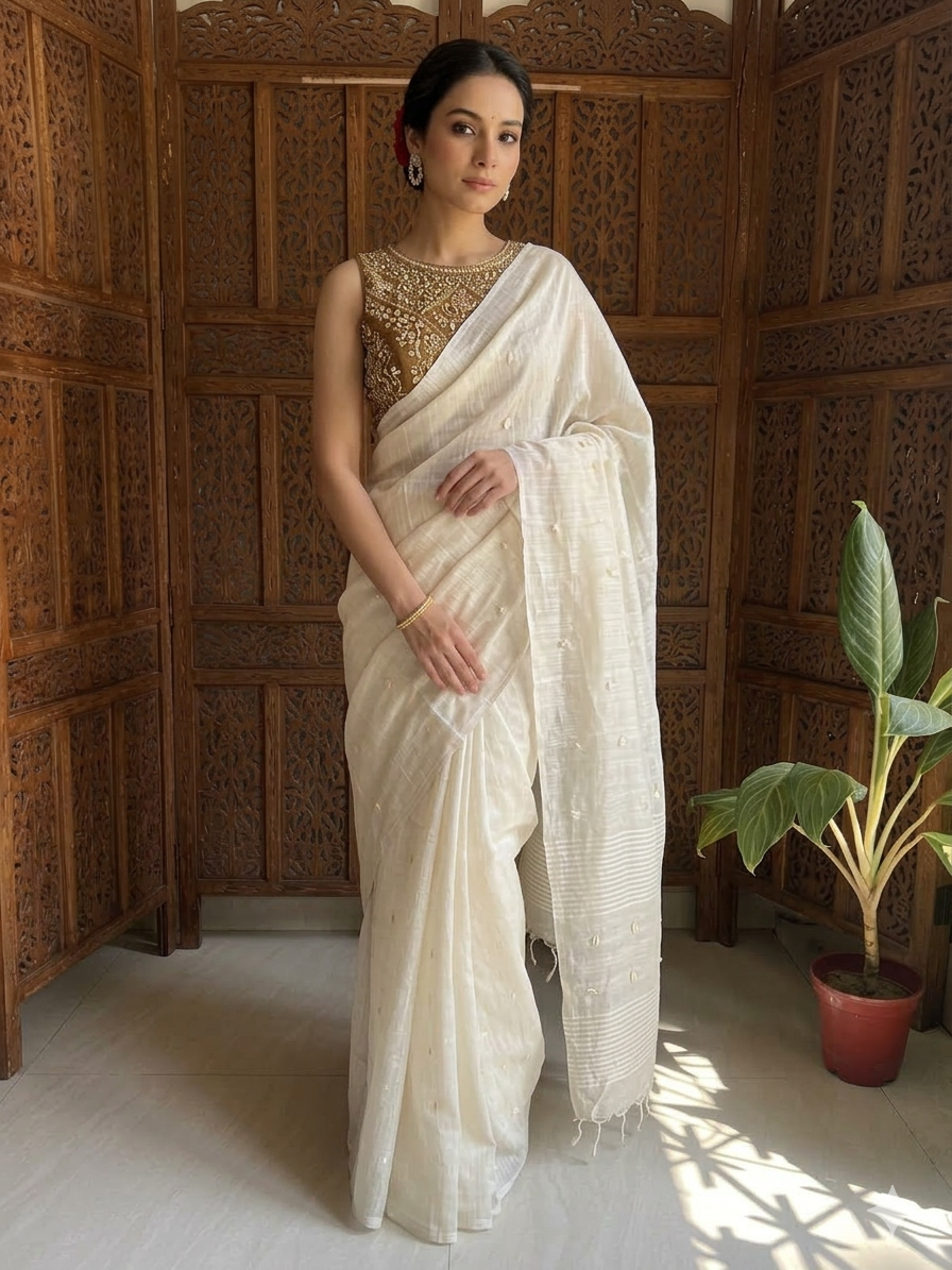 Handwoven Off-White Matka silk Saree with Unique Pocket Shell Work | SUTA-SAGA