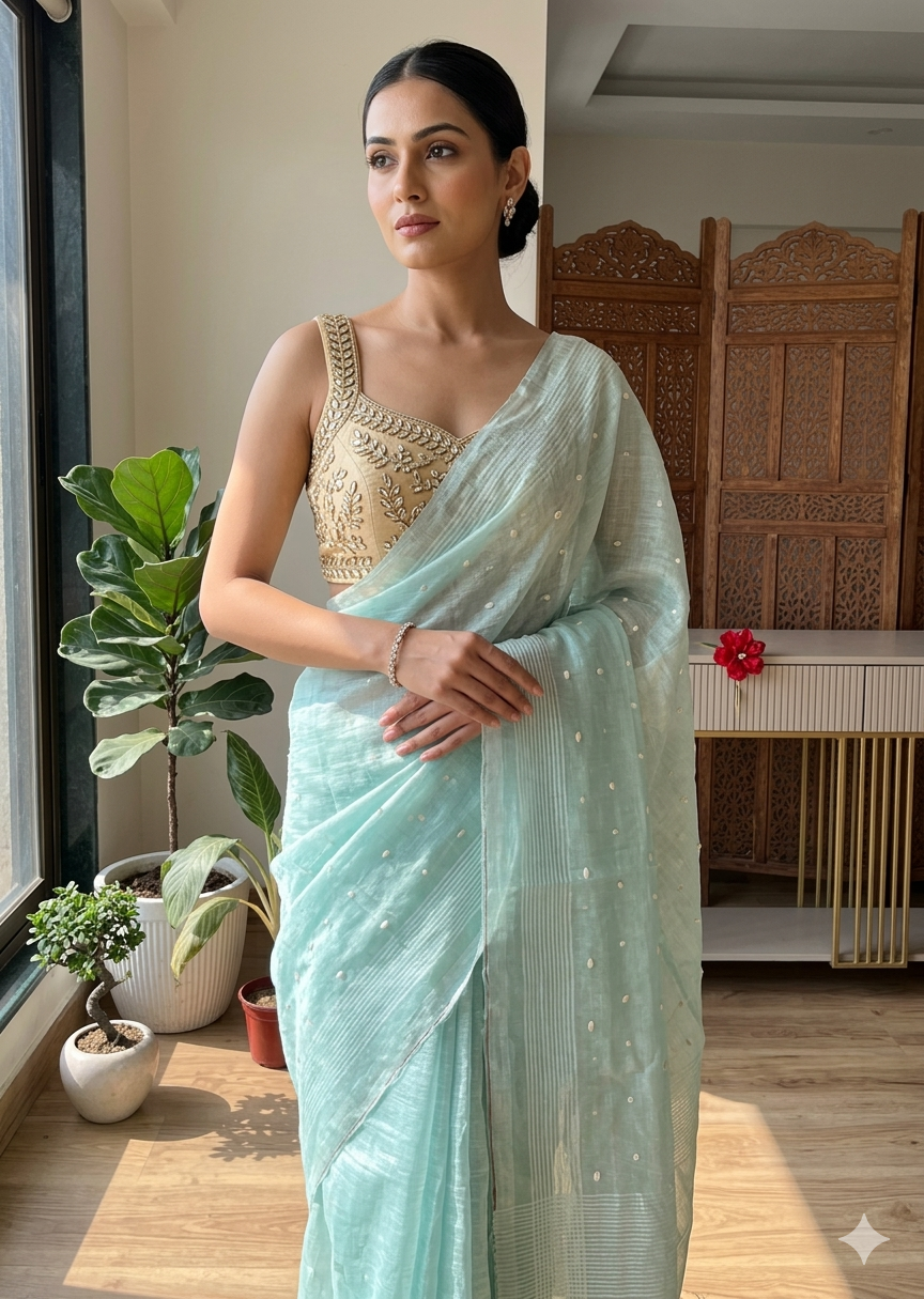 Handwoven Sea GlassGreen Matka silk Saree with Unique Pocket Shell Work | SUTA-SAGA