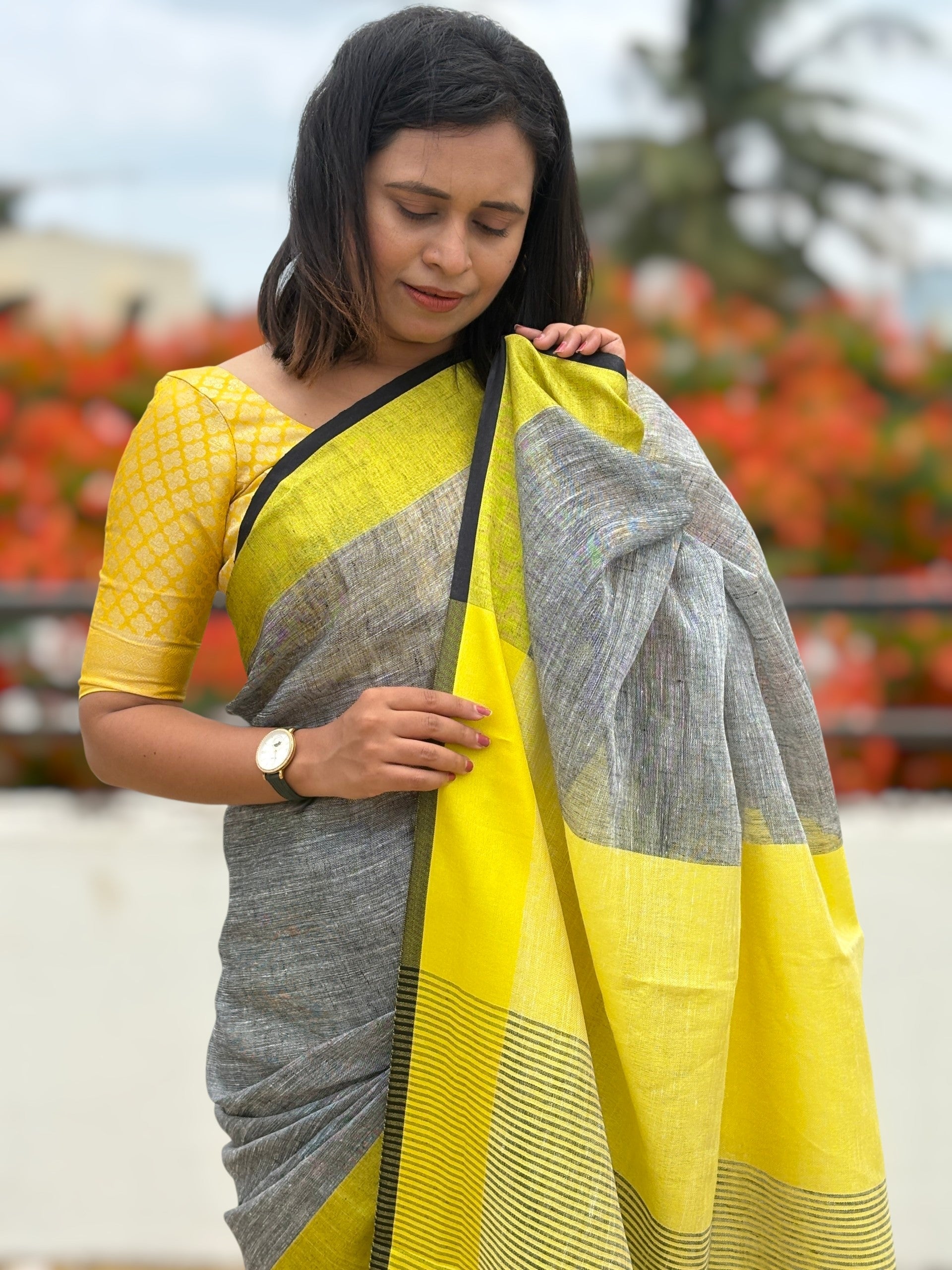Organic Grey Pure Linen Saree with Yellow Border | Natural Office Wear