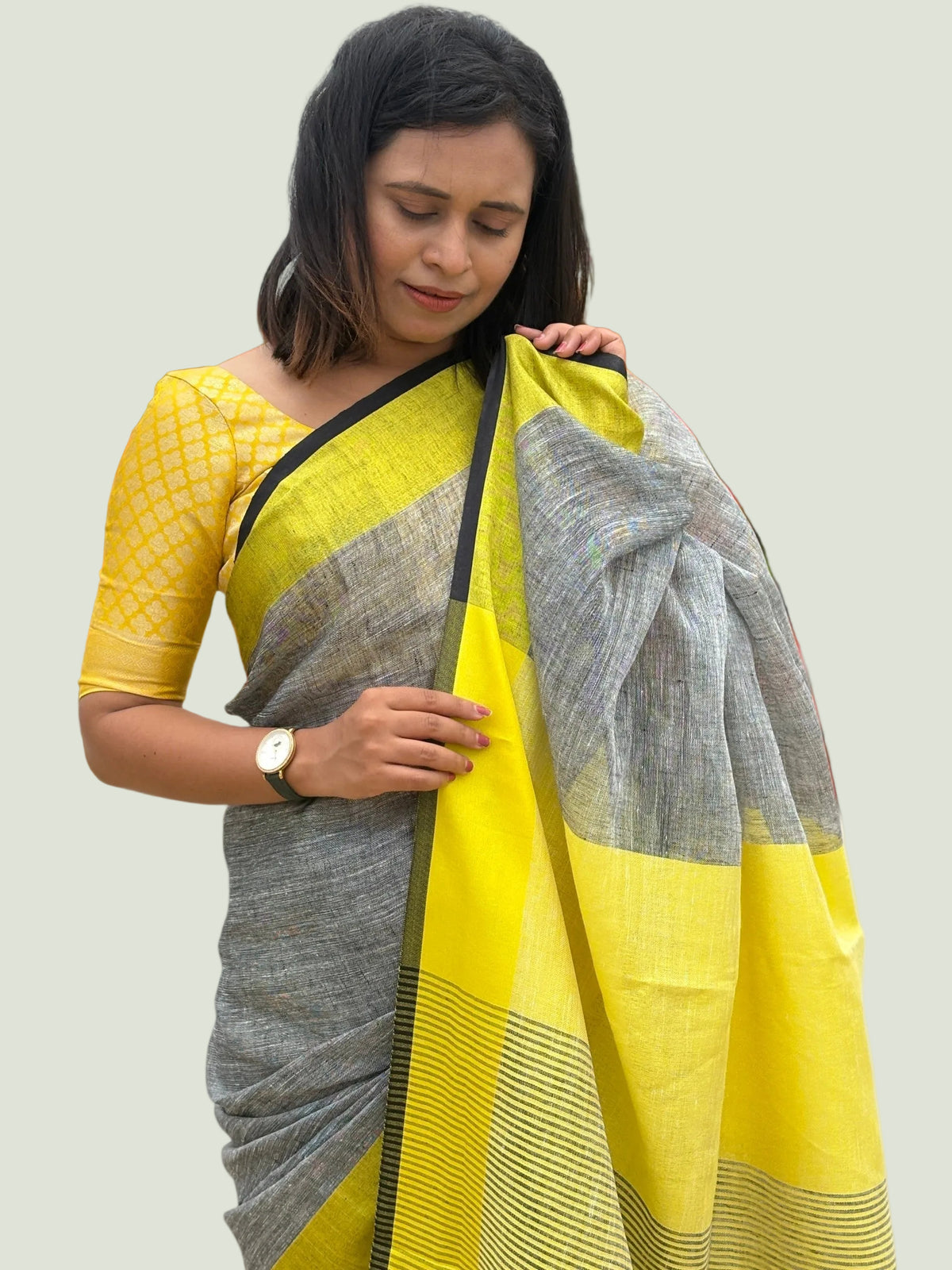 Organic Grey Pure Linen Saree with Yellow Border | Natural Office Wear