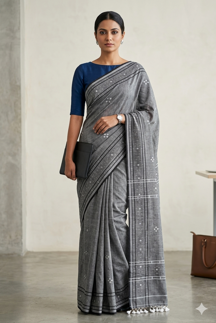 Handwoven Kantha embroidery pride of West-Bengal tradition Premium Grey Soft Cotton Handloom Saree | SUTA-SAGA
