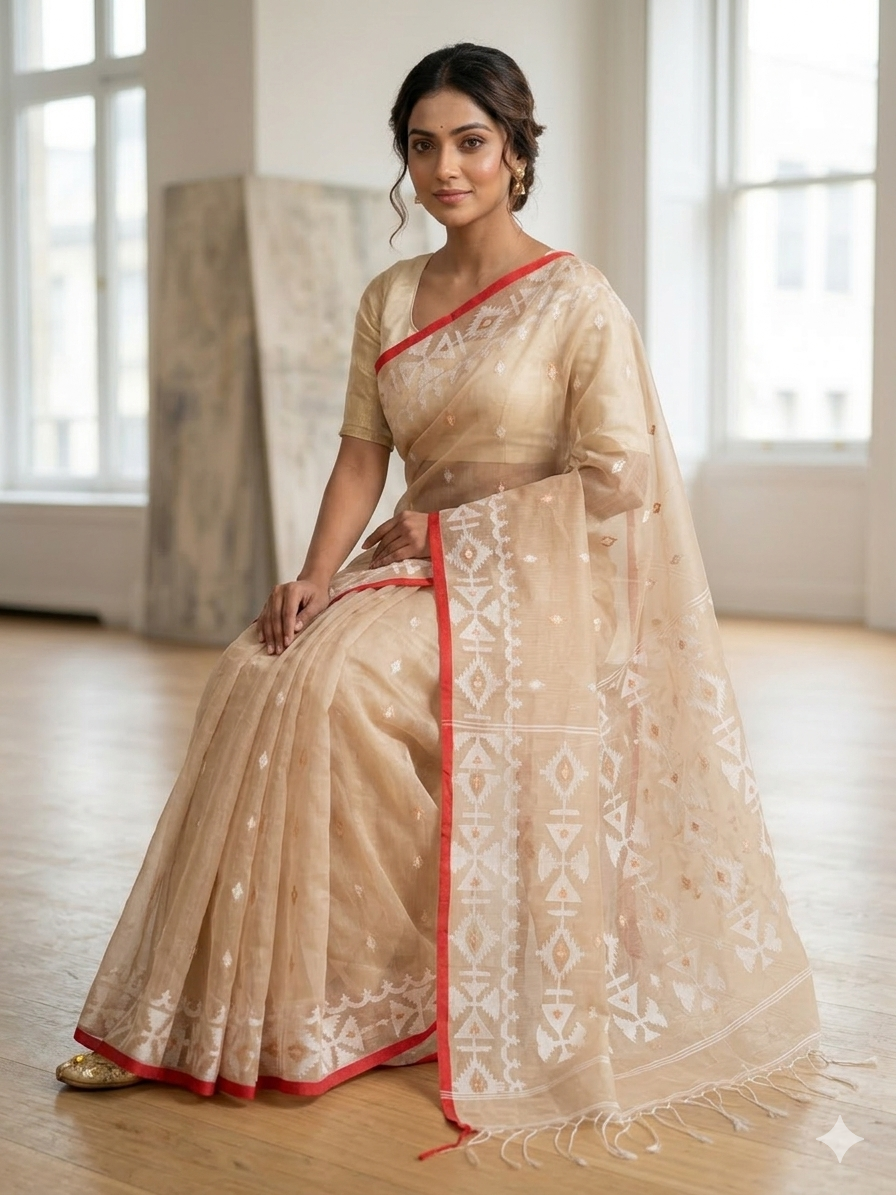 Authentic Pure Muslin Biege Jamdani Saree | Festive Handloom Saree | SUTA-SAGA