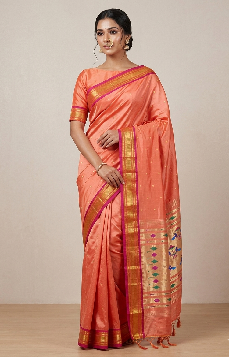Handloom Authentic Unique Corol Soft Silk Saree with Golden Zari & Contrast Fuscia Pink Pallu – Peacock Motif Pallu