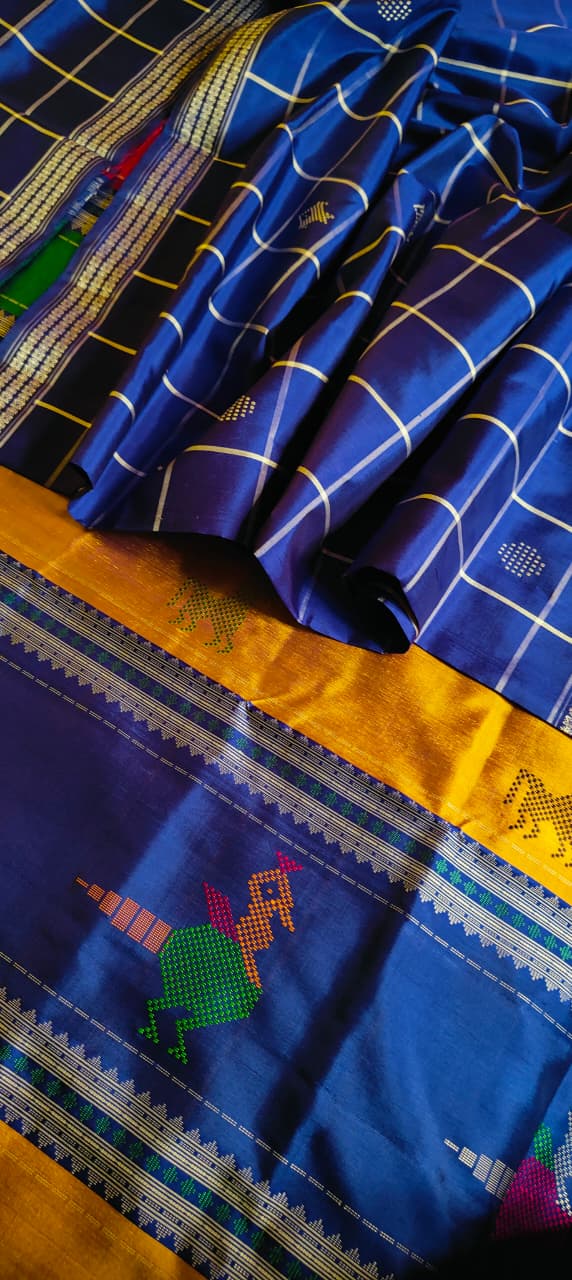Authentic Pure Silk Berhampuri Patta Saree | Sambalpuri Ikat Double Pallu - Royal Blue