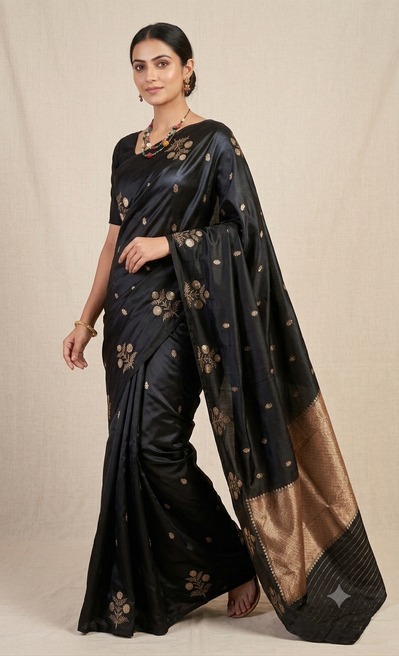 Authentic Raw Mango Black Banarasi Silk Saree | Pure Handloom Gold Zari