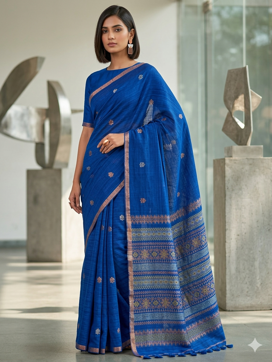 Elegant Blue Matka Silk Saree with Intricate Antique Gold & Silver Jamdani Weave – Handloom Ethnic Wear | SUTA-SAGA