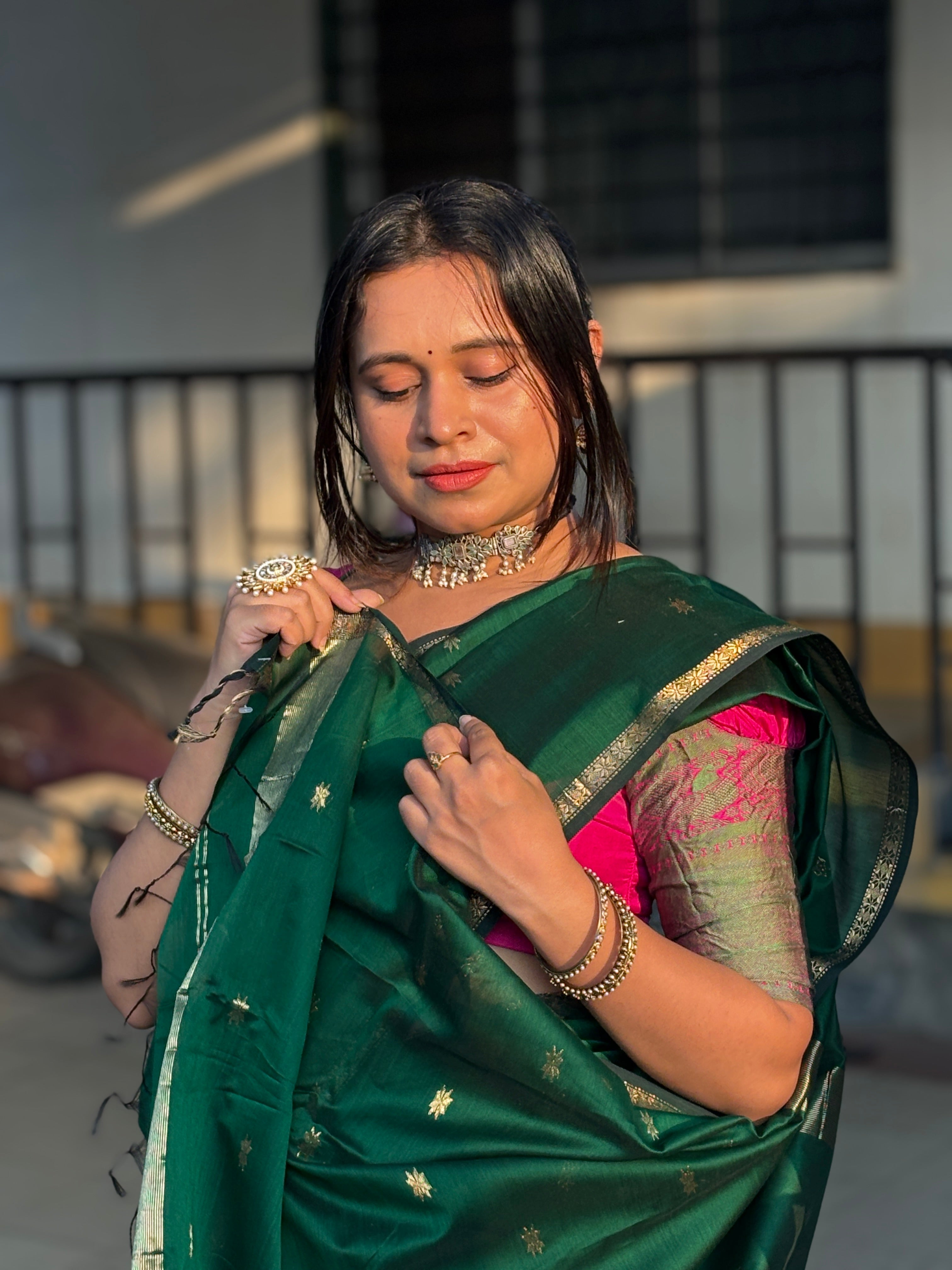 Authentic Bottle Green Maheshwari Silk Cotton Saree with Gold Zari Buttis | SUTA-SAGA