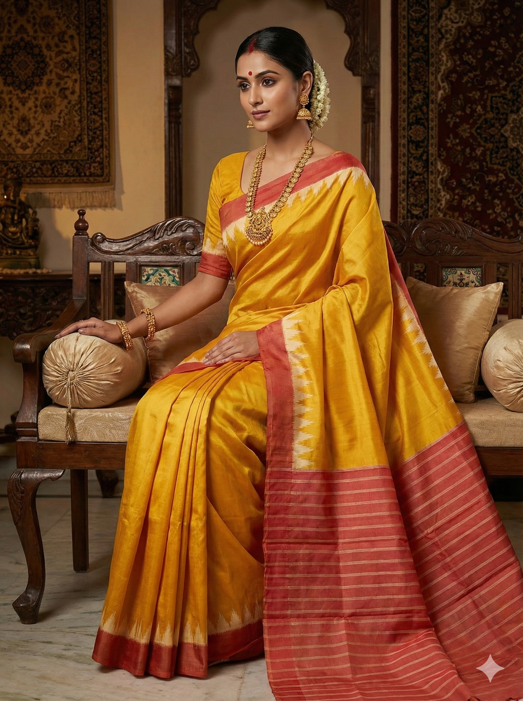 Authentic Nuapatna Khandua Silk Saree in Turmeric Yellow - Rust Temple Border & Striped Pallu