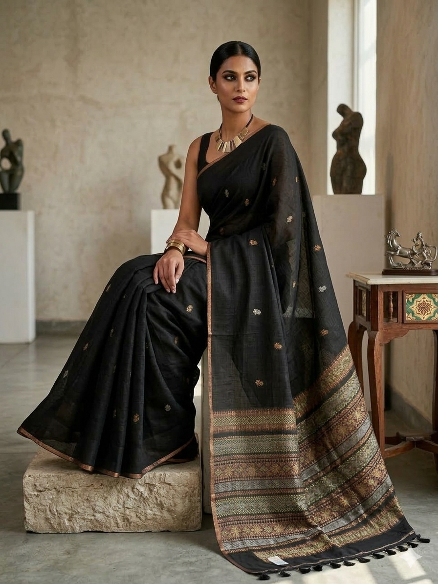 Elegant Black Matka Silk Saree with Intricate Antique Gold & Silver Jamdani Weave – Handloom Ethnic Wear | SUTA-SAGA