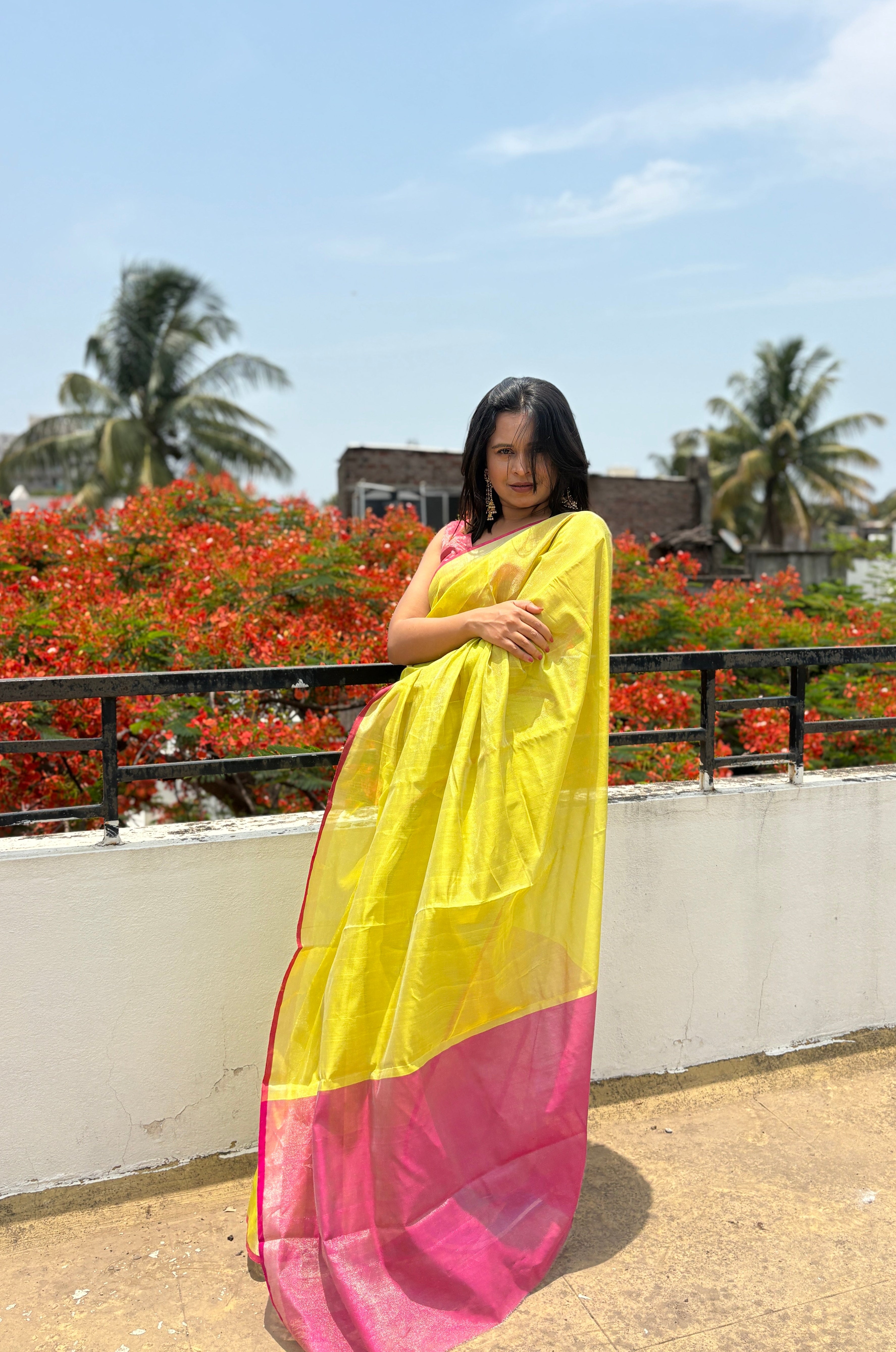 Exclusive Yellow & Pink Pure Tissue Silk Saree | SUTA-SAGA | Lightweight Festive Drape