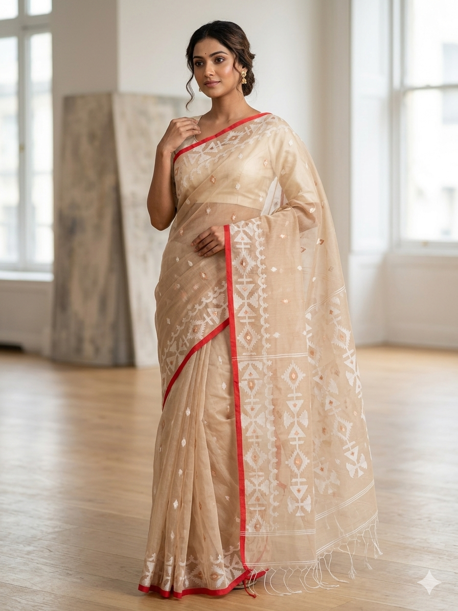 Authentic Pure Muslin Biege Jamdani Saree | Festive Handloom Saree | SUTA-SAGA