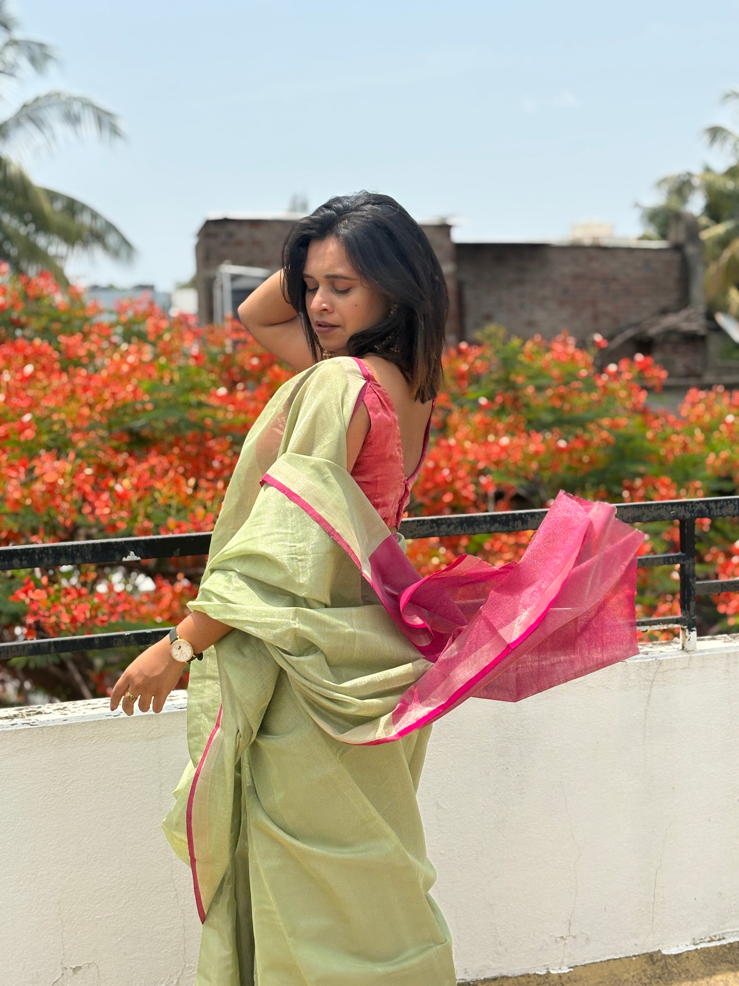 Exclusive Pastel Green & Pink Pure Tissue Silk Saree | SUTA-SAGA | Lightweight Festive Drape