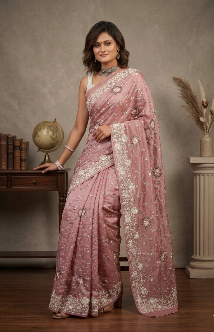 Authentic Dusty Rose Handloom Tusser Silk Saree with Intricate Floral Threadwork | SUTA-SAGA