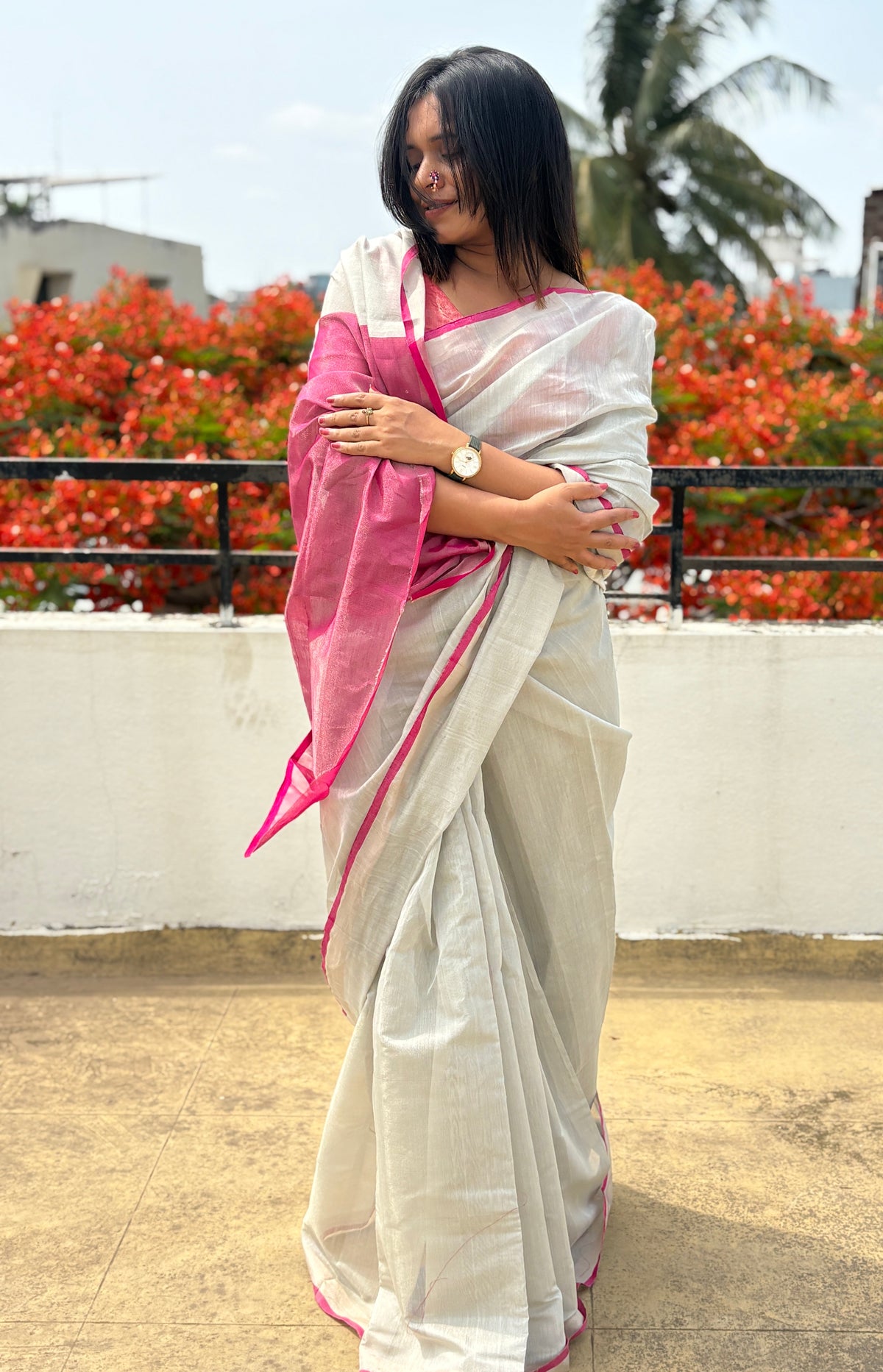 Silver & pink tissue silk saree β pallu detail | SUTA-SAGA