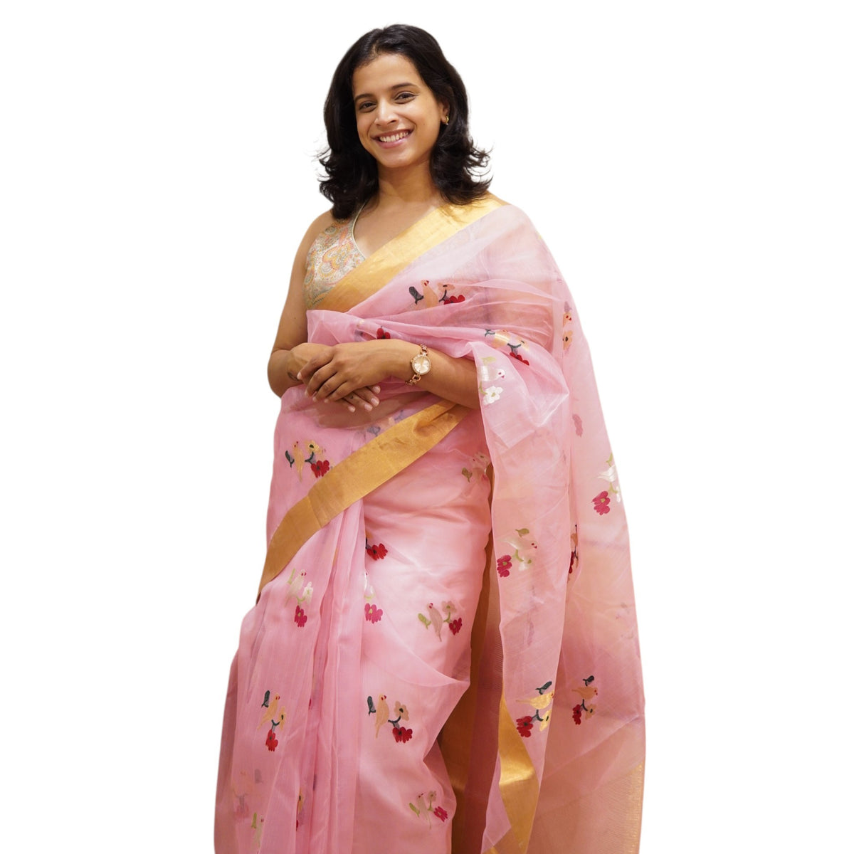 Elegant Pink Chanderi Katan Organza Handloom Saree with Zari Patela Border | SUTA-SAGA