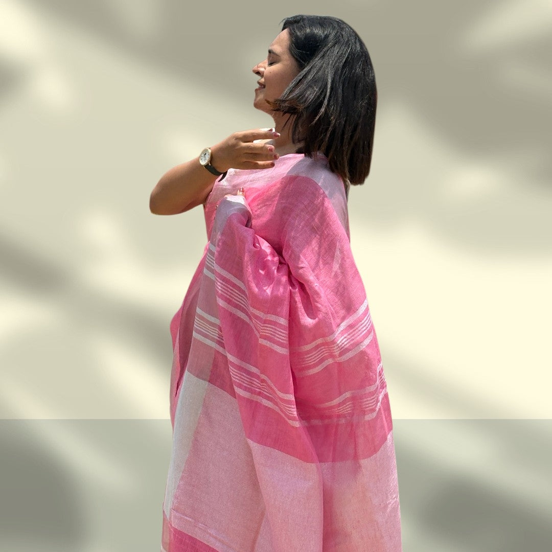Organic Pink Pure Linen Saree with Silver Border | Natural Office Wear