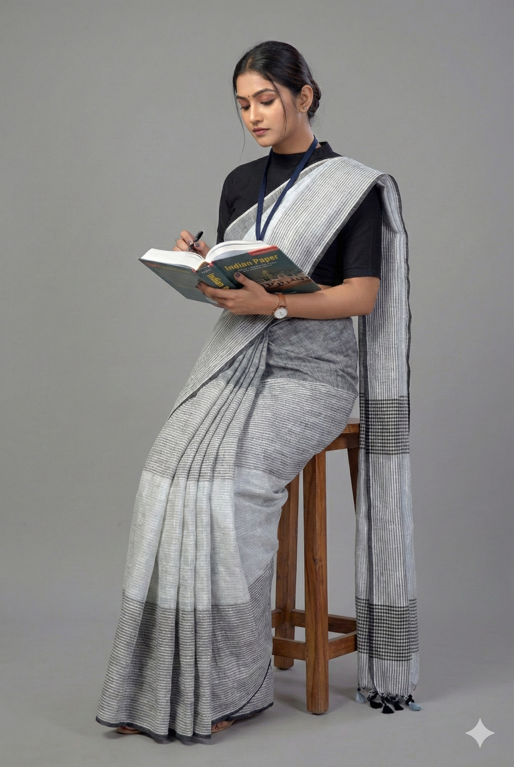 Monochrome striped Linen Saree in Grey, White, and Black