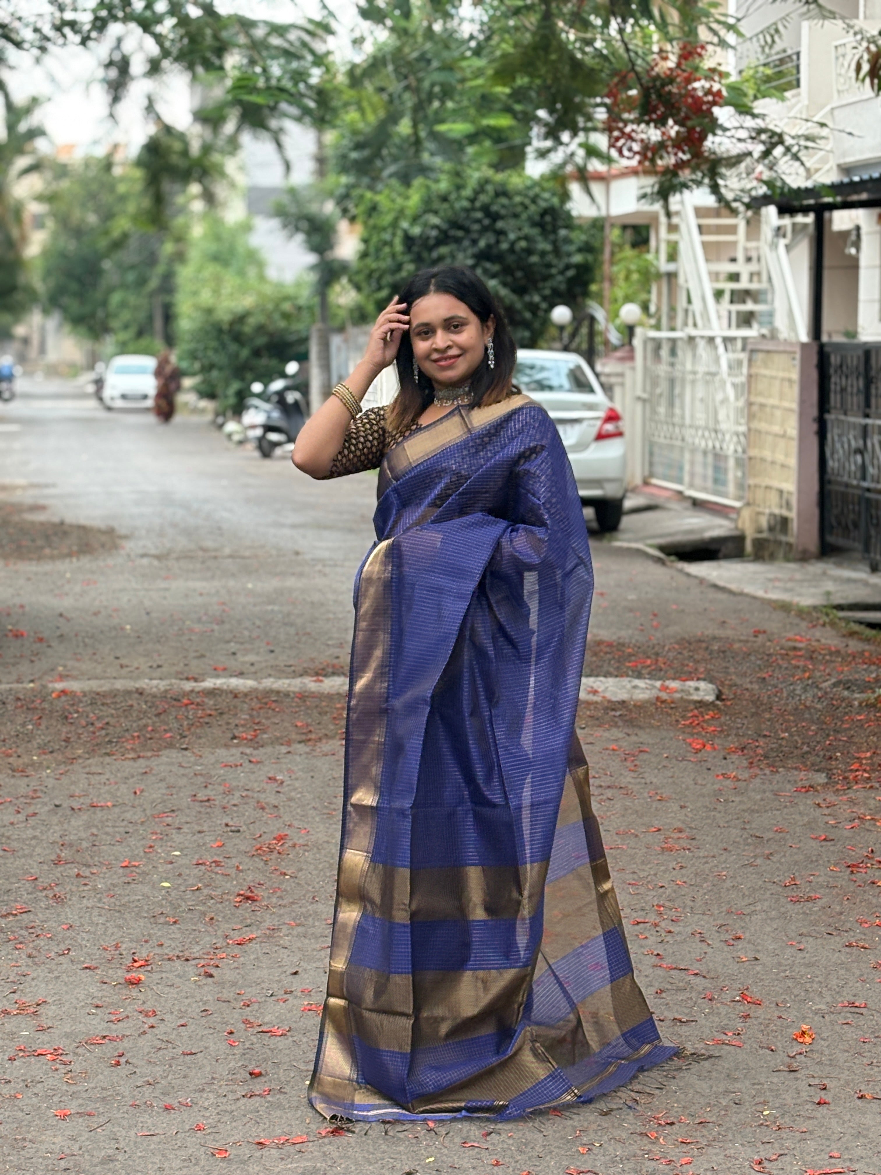 Authentic Royal Blue Handloom Maheshwari Silk Cotton Saree with Silver Zari Checks | SUTA-SAGA