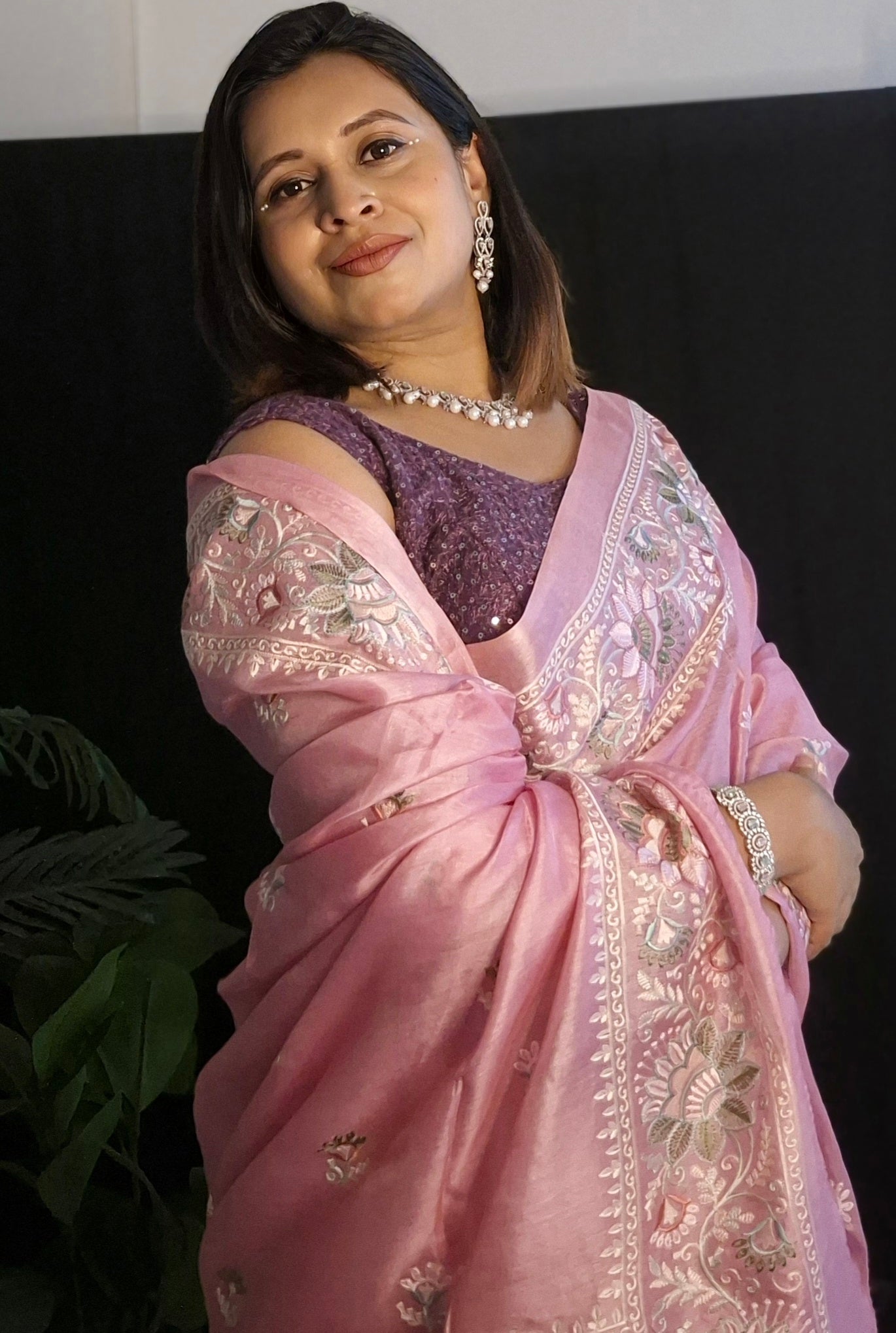 Authentic Pink Handloom Tusser Silk Saree with Intricate Floral Threadwork | SUTA-SAGA