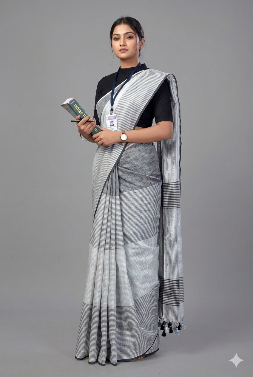Monochrome striped Linen Saree in Grey, White, and Black