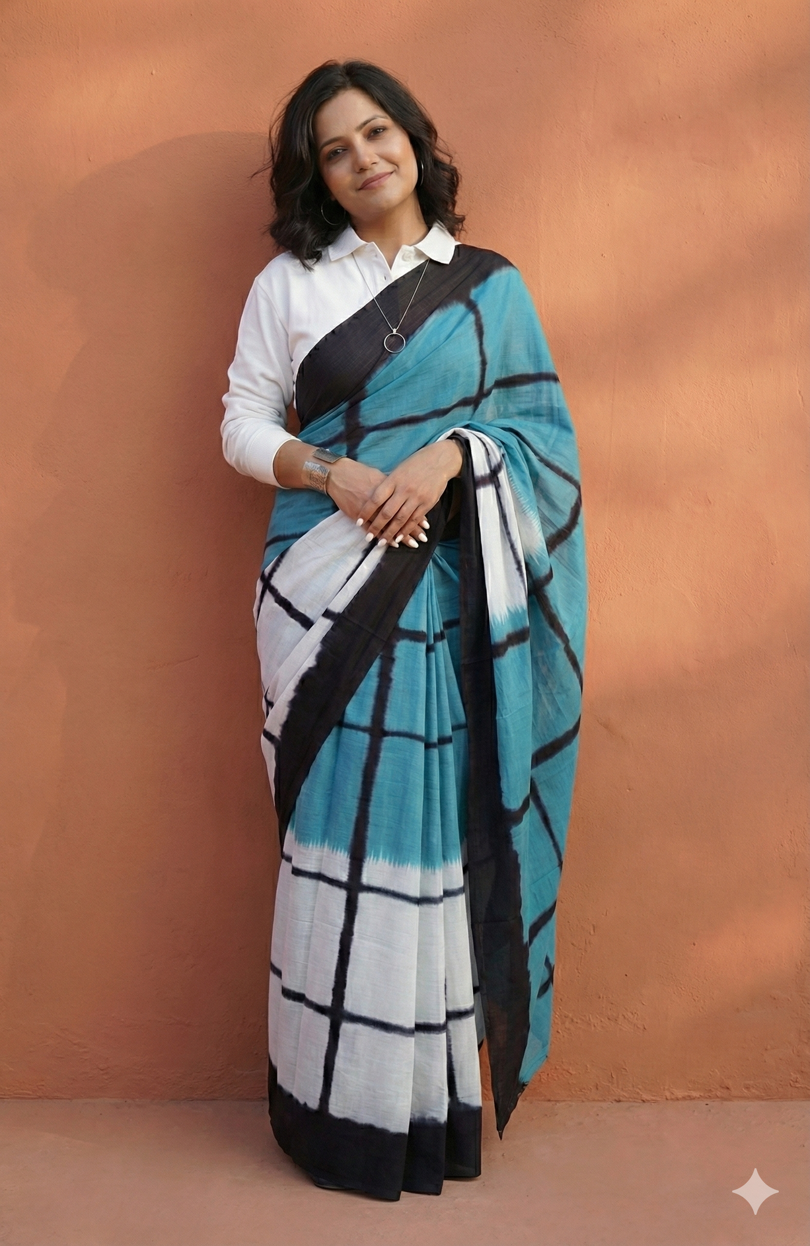 Natural Dyed handblocked printed Mul Cotton Block Print Saree | Teal & Black Geometric