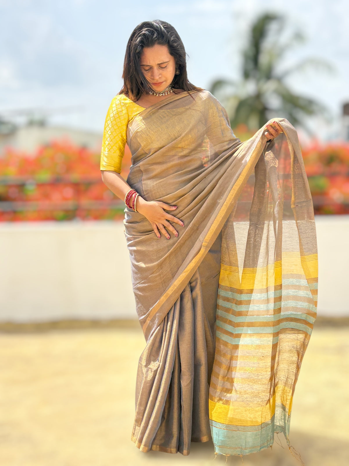 Premium Linen Tissue Jamdani Saree with Golden Zari Border | Festive Collection