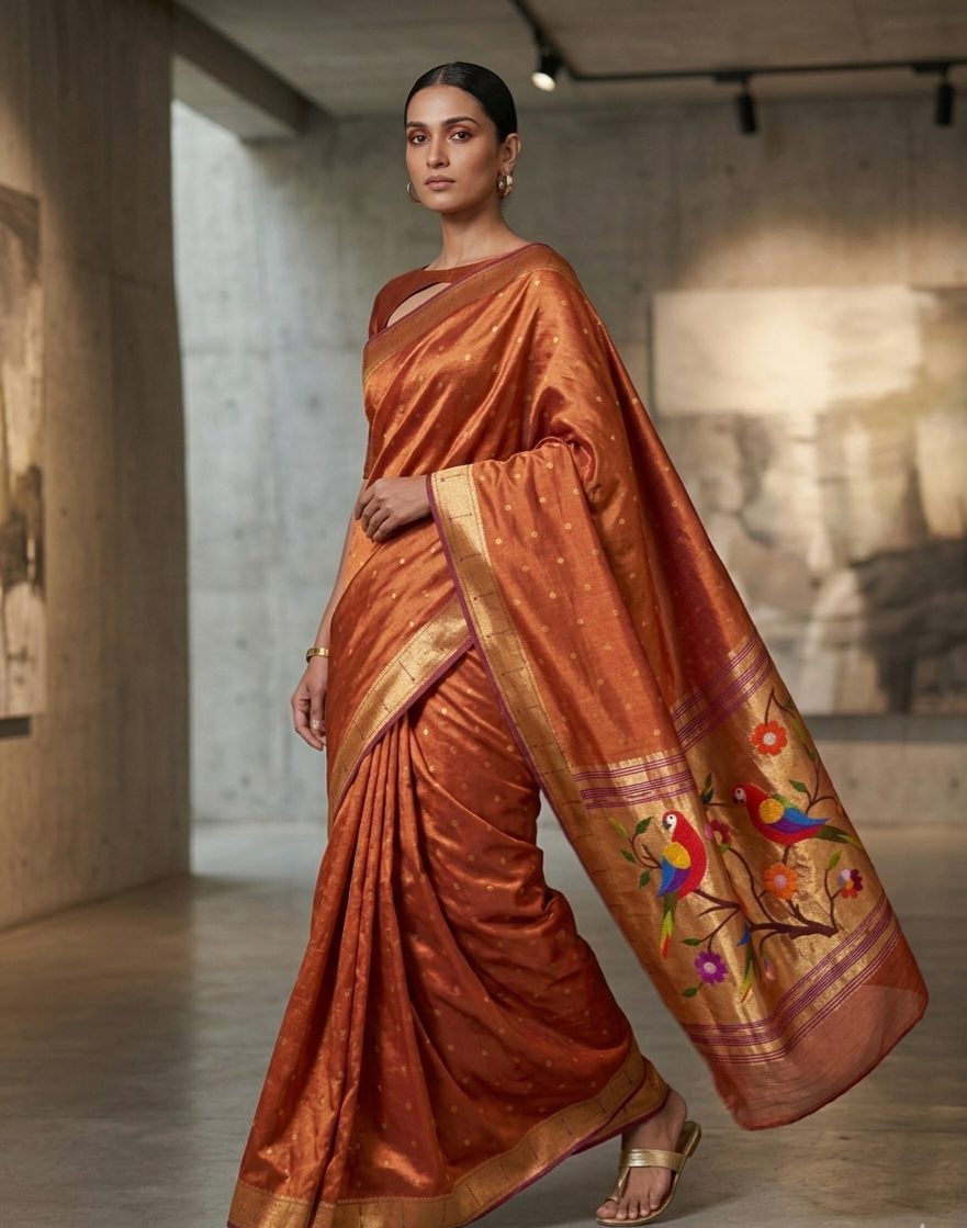 SUTA-SAGA Premium Burnt Rust Copper Orange Tissue Silk Paithani Saree - Exclusive Handloom Parrot Artistry – Traditional Maharashtrian Handloom
