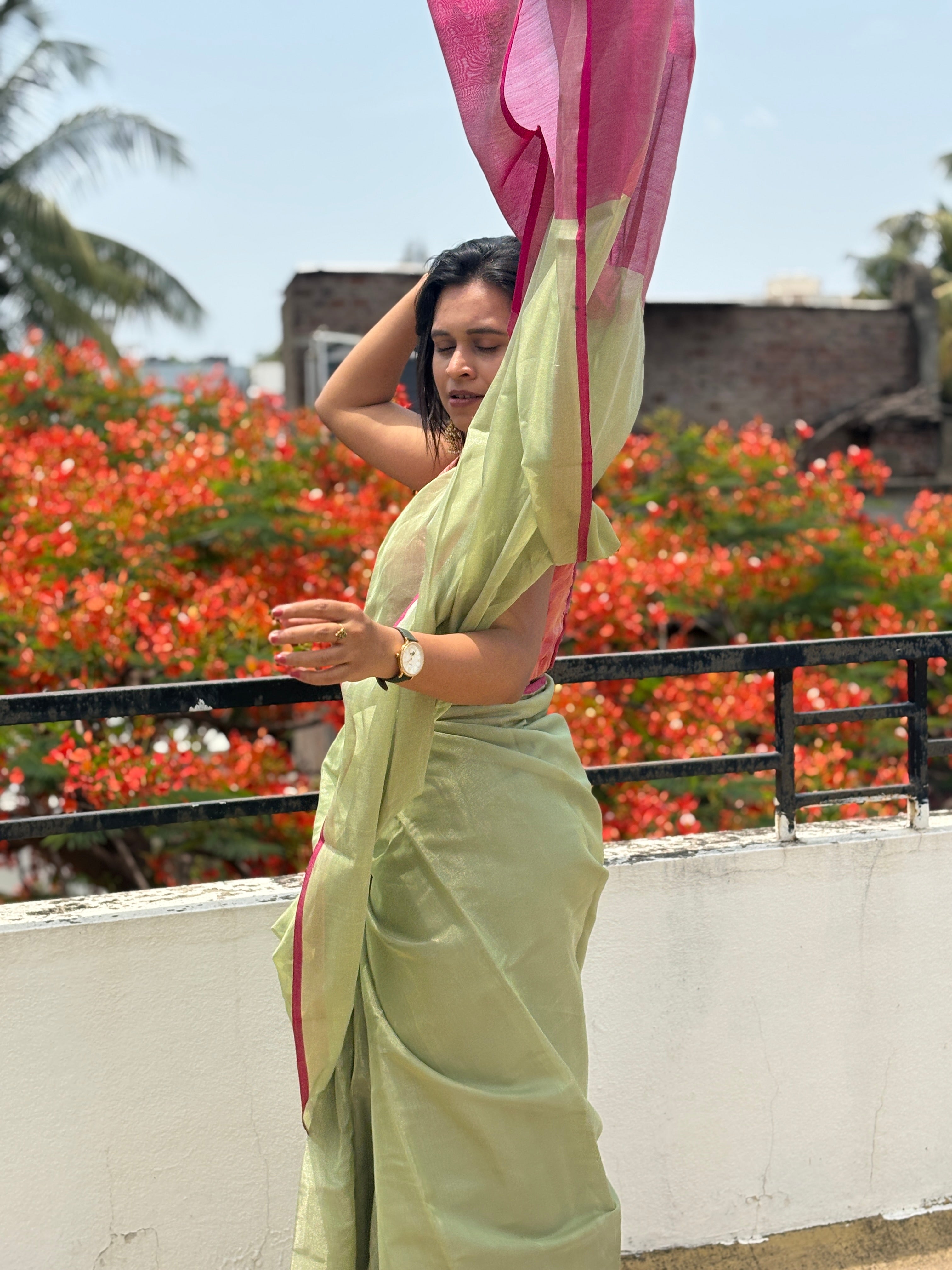 Exclusive Pastel Green & Pink Pure Tissue Silk Saree | SUTA-SAGA | Lightweight Festive Drape