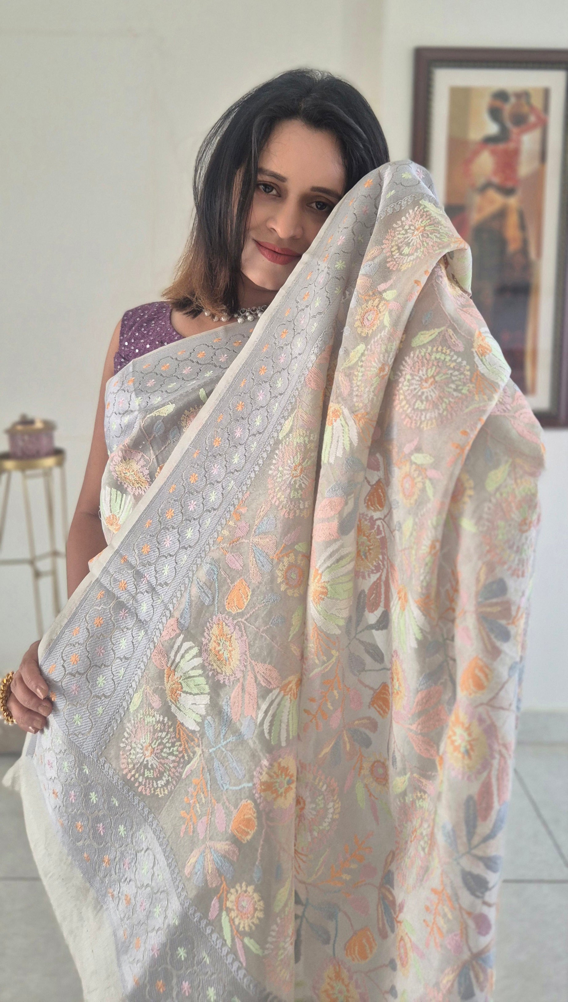 Ethereal Silver Organza Handwoven Saree | Authentic Chikankari Floral Work | SUTA-SAGA