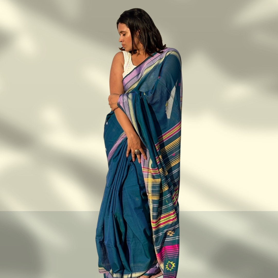 Authentic Bhujodi Handloom Teal BlueCotton Saree | Kutch Weaving & ExtraβWeft Designs