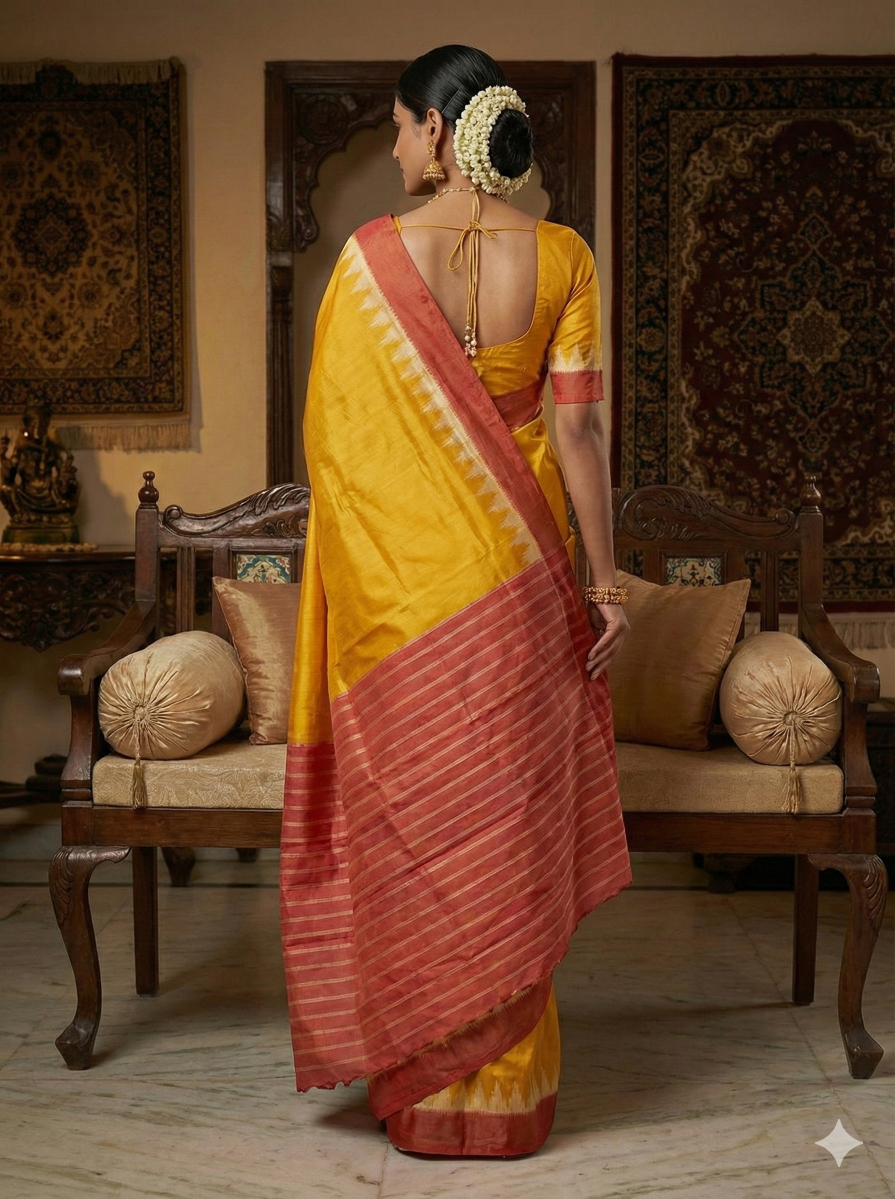 Authentic Nuapatna Khandua Silk Saree in Turmeric Yellow - Rust Temple Border & Striped Pallu
