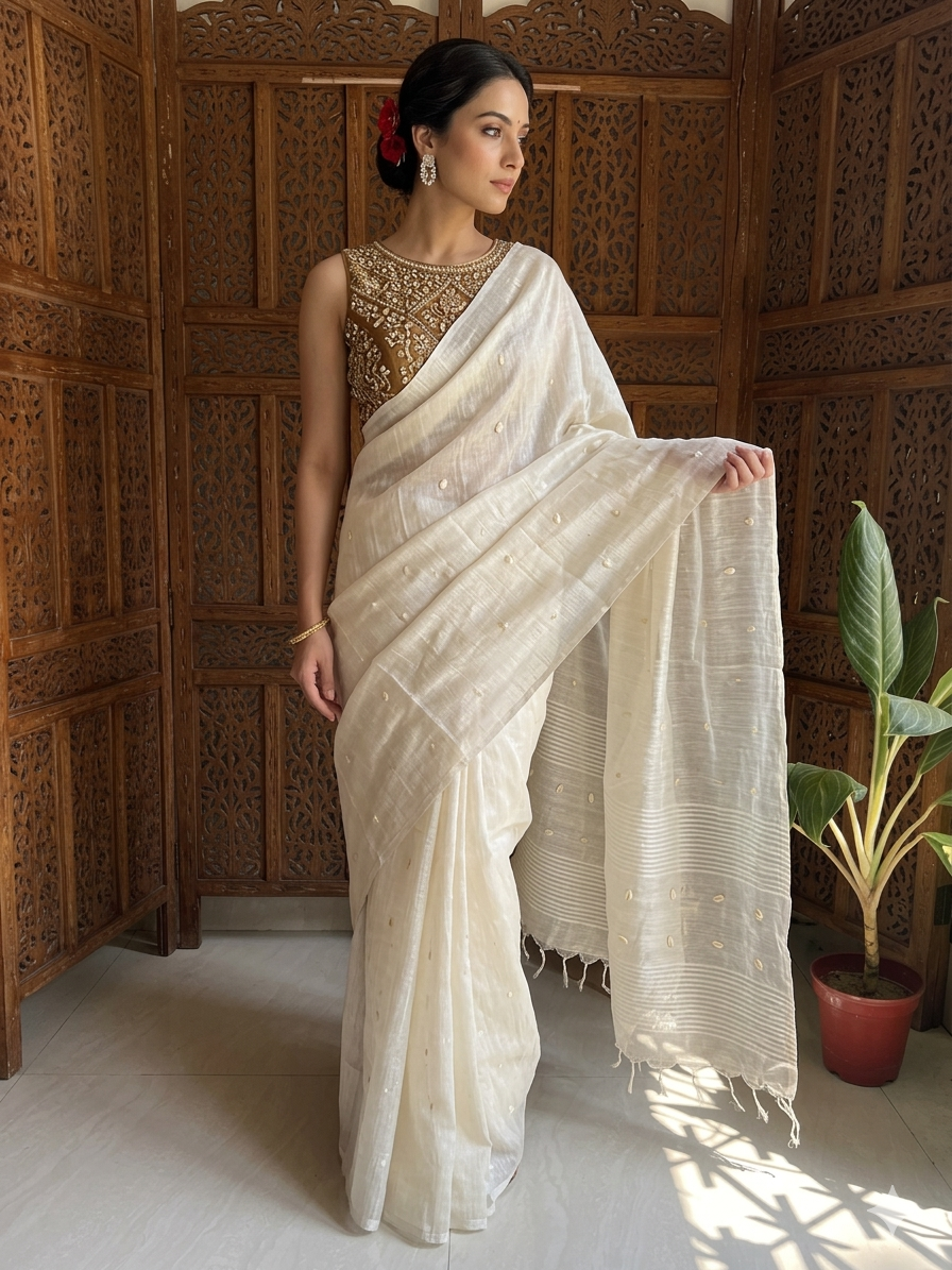 Handwoven Off-White Matka silk Saree with Unique Pocket Shell Work | SUTA-SAGA
