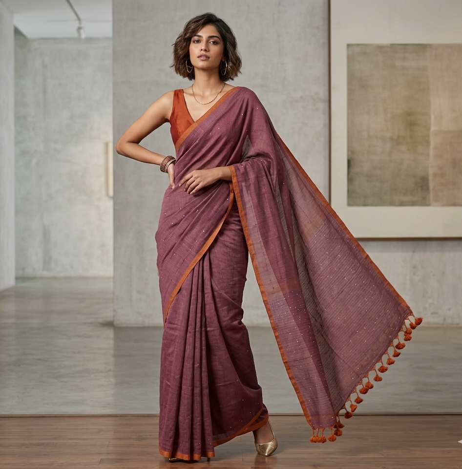 Onion color Body with orange Undertone Dual Tone Saree with Subtle Sequin | Mul Cotton Handloom