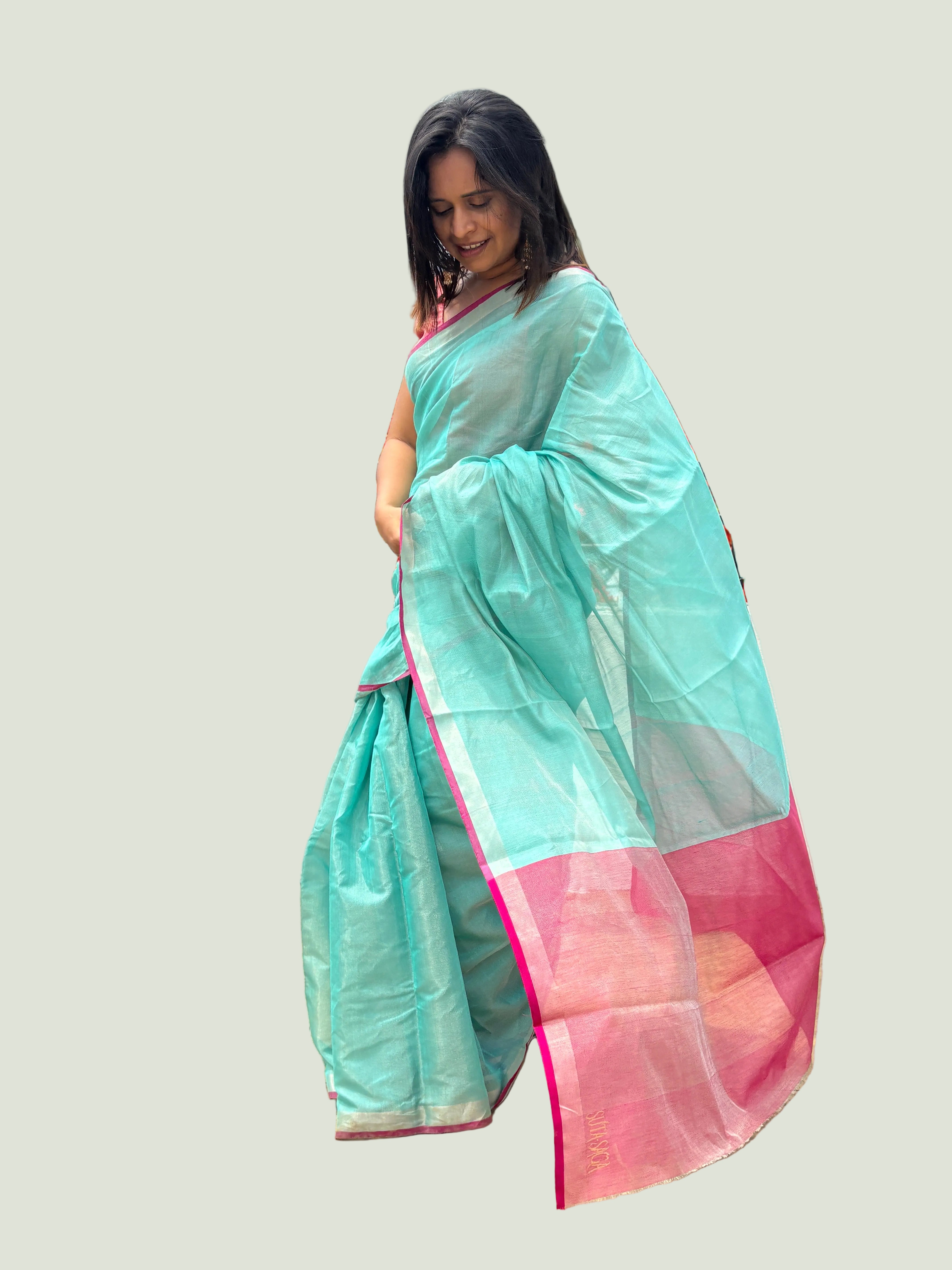Exclusive Light turquoise & Pink Pure Tissue Silk Saree | SUTA-SAGA | Lightweight Festive Drape