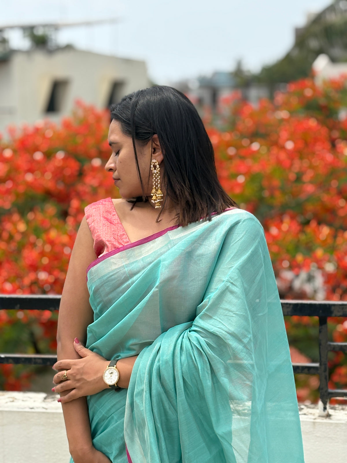 Light turquoise & pink tissue silk saree β front drape | SUTA-SAGA