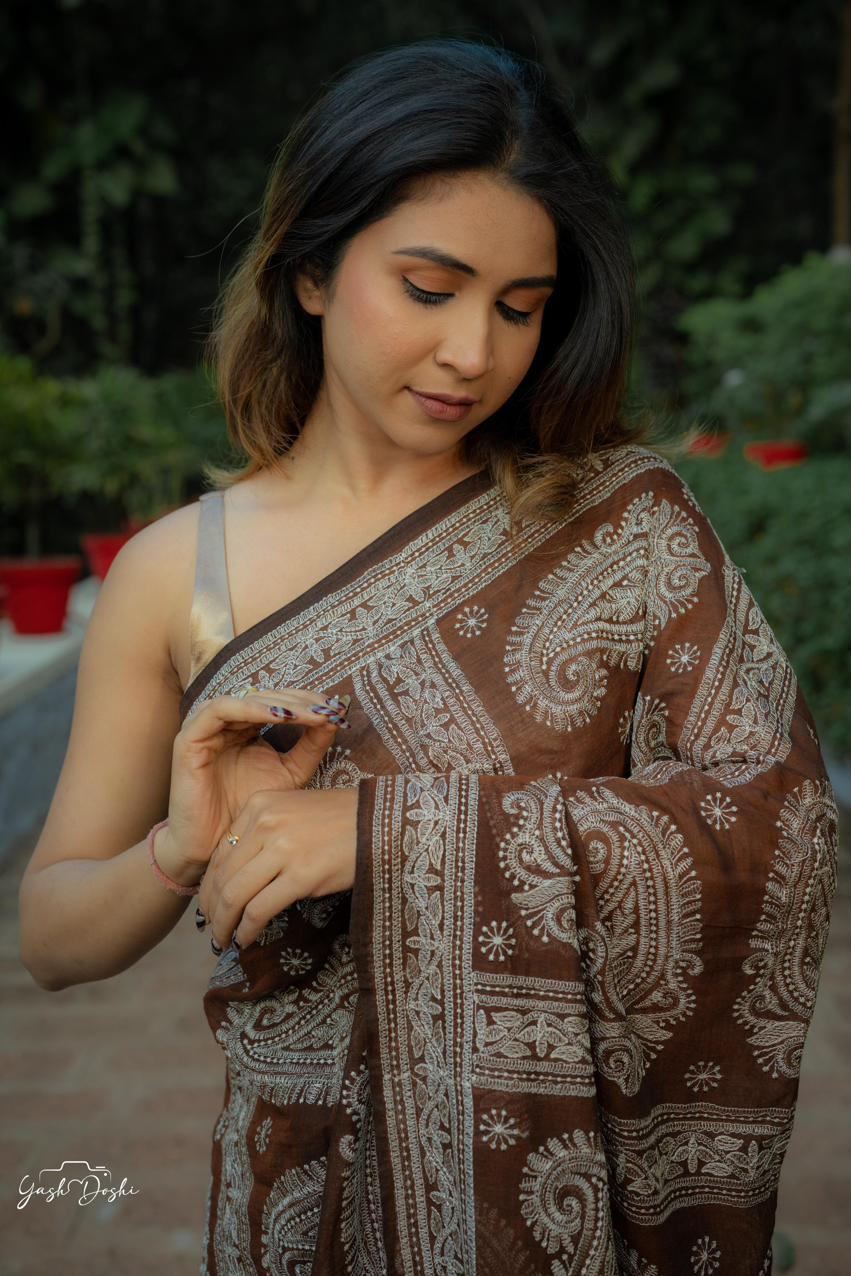 Earthy Elegance - Chocolate Brown Handloom Mul Cotton Chikankari Saree | Exclusive Design