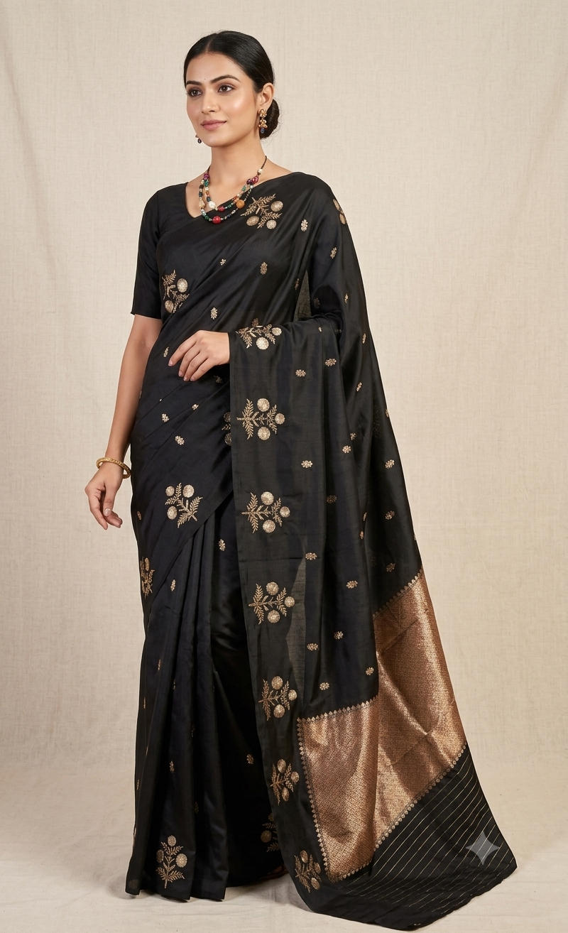 Authentic Raw Mango Black Banarasi Silk Saree | Pure Handloom Gold Zari